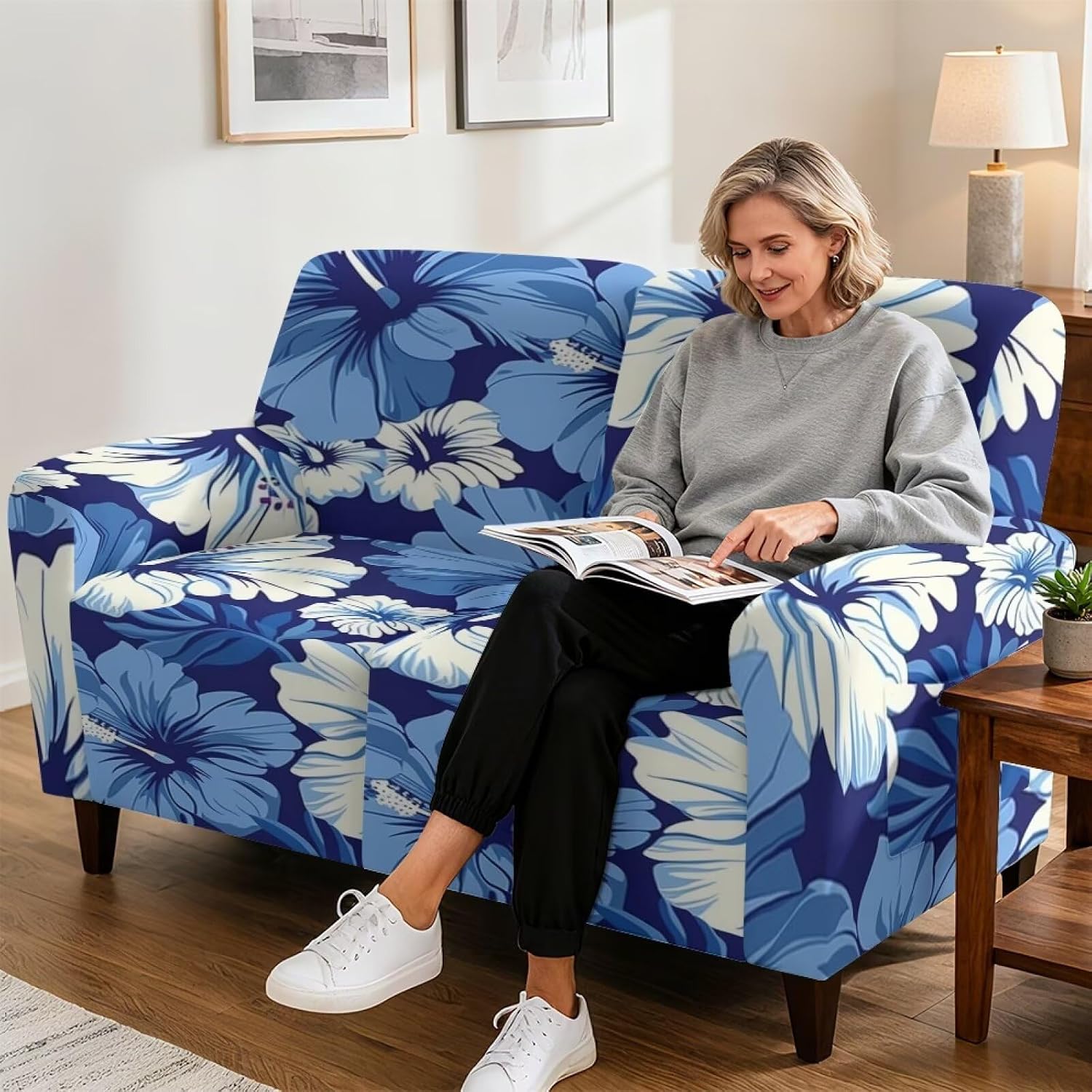 Hibiscus Two Seater Recliner Couch Cover Washable Reclining Loveseat Cover 6 Pieces Double Recliner Covers with Elastic Straps Bottom, Fitted Sofa Covers