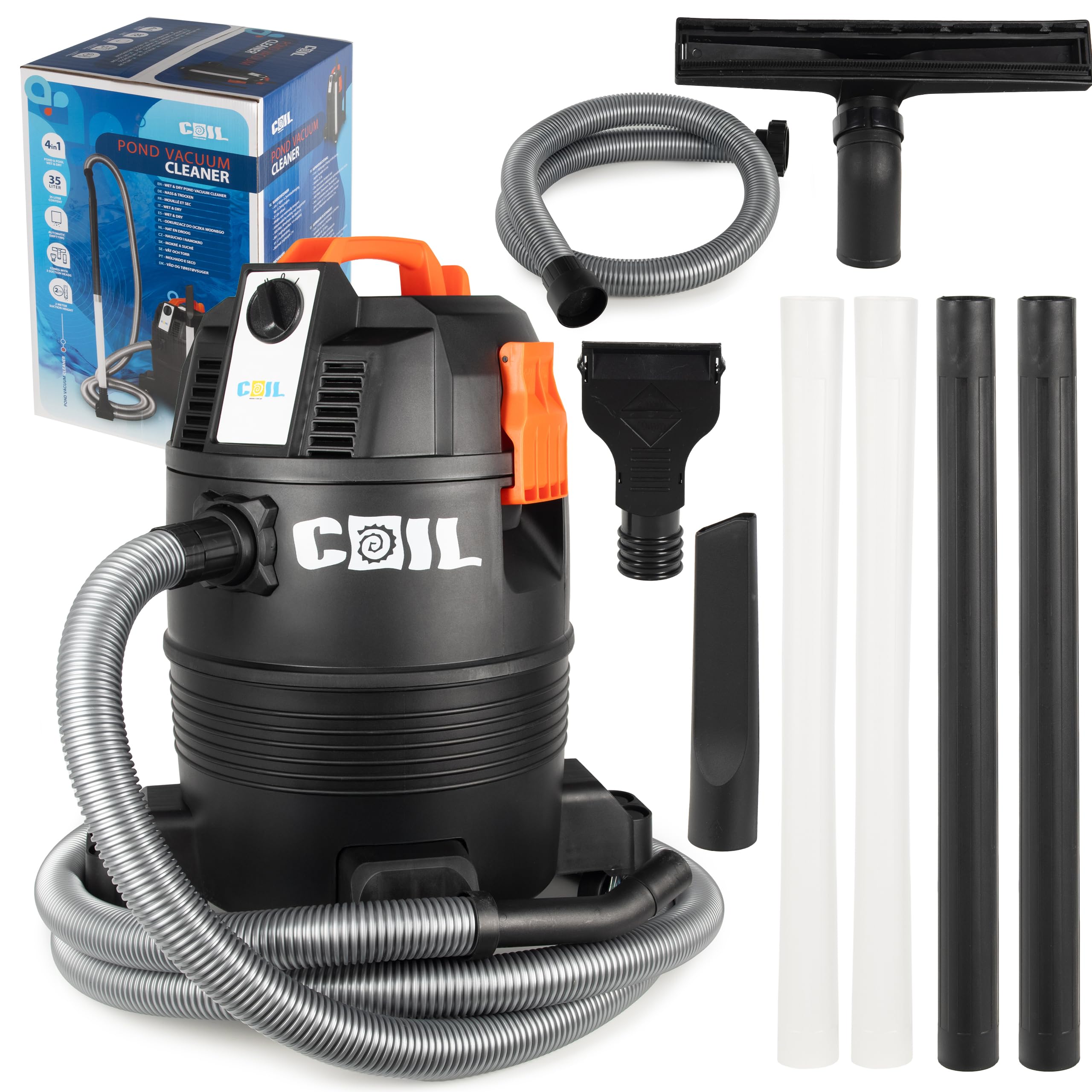 COIL Aspirateur de boues de bassin, aspirateur de boue, aspirateur de piscine, réservoir (35 l), fonction ventilateur, deux modes de fonctionnement, puissance d'aspiration : 18 KPa, 1600 W