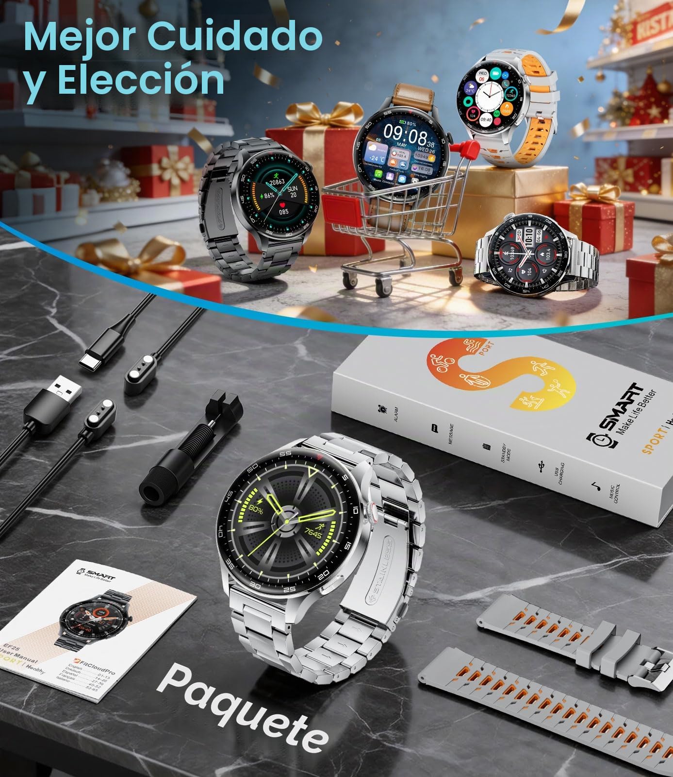 Reloj Inteligente Hombre, LIamadas Bluetooth, 1,7"Grande Smartwatch Hombre con Linterna LED/800 mAh/IP68, 100+ Modos Deportivos, Monitor de Frecuencia Cardíaca y Sueño, Android e iOS, Plateada