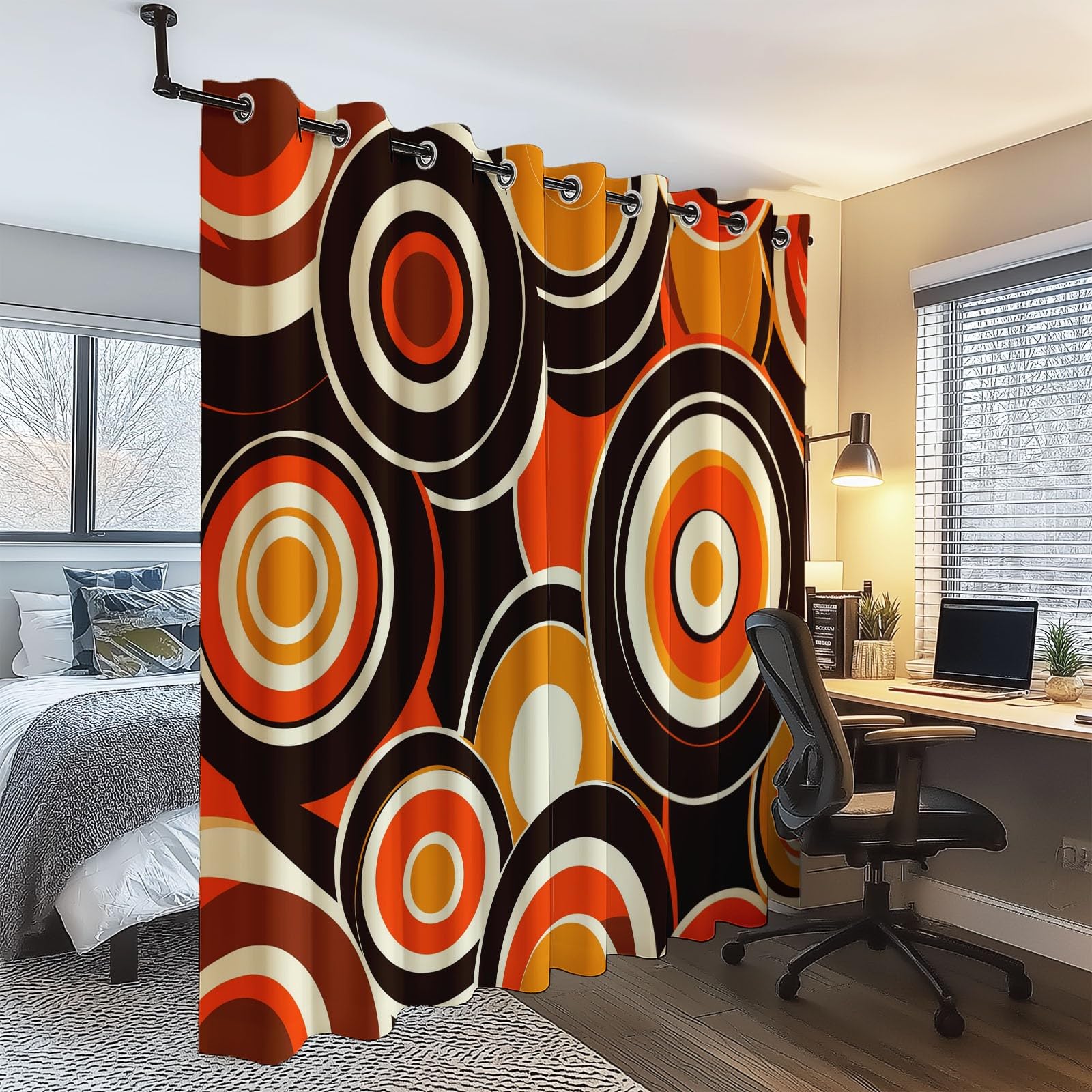 Orange Marron Rideau Occultant Thermique Isolant Cercles Géométriques Abstraits Rétro 3D Imprimé Tenture Opaque à Oeillets Isolation Lumiere UV Decoration Chambre Salon, 150L X 280H cm (2 Panneaux)