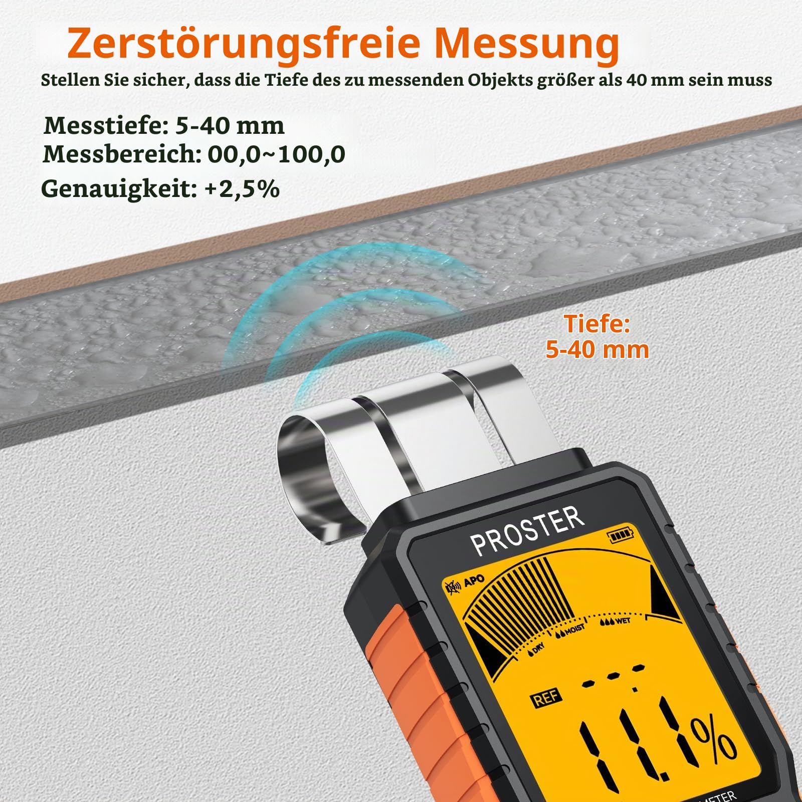 Proster Pinless Feuchtigkeitsmessgerät für Wände, Holz, Beton & Mauerwerk - wiederaufladbares Biegsame Feuchtigkeitsdetektor -5 Modi Ton & Licht Alarm Induktive Messung bis zu 40mm Tiefe
