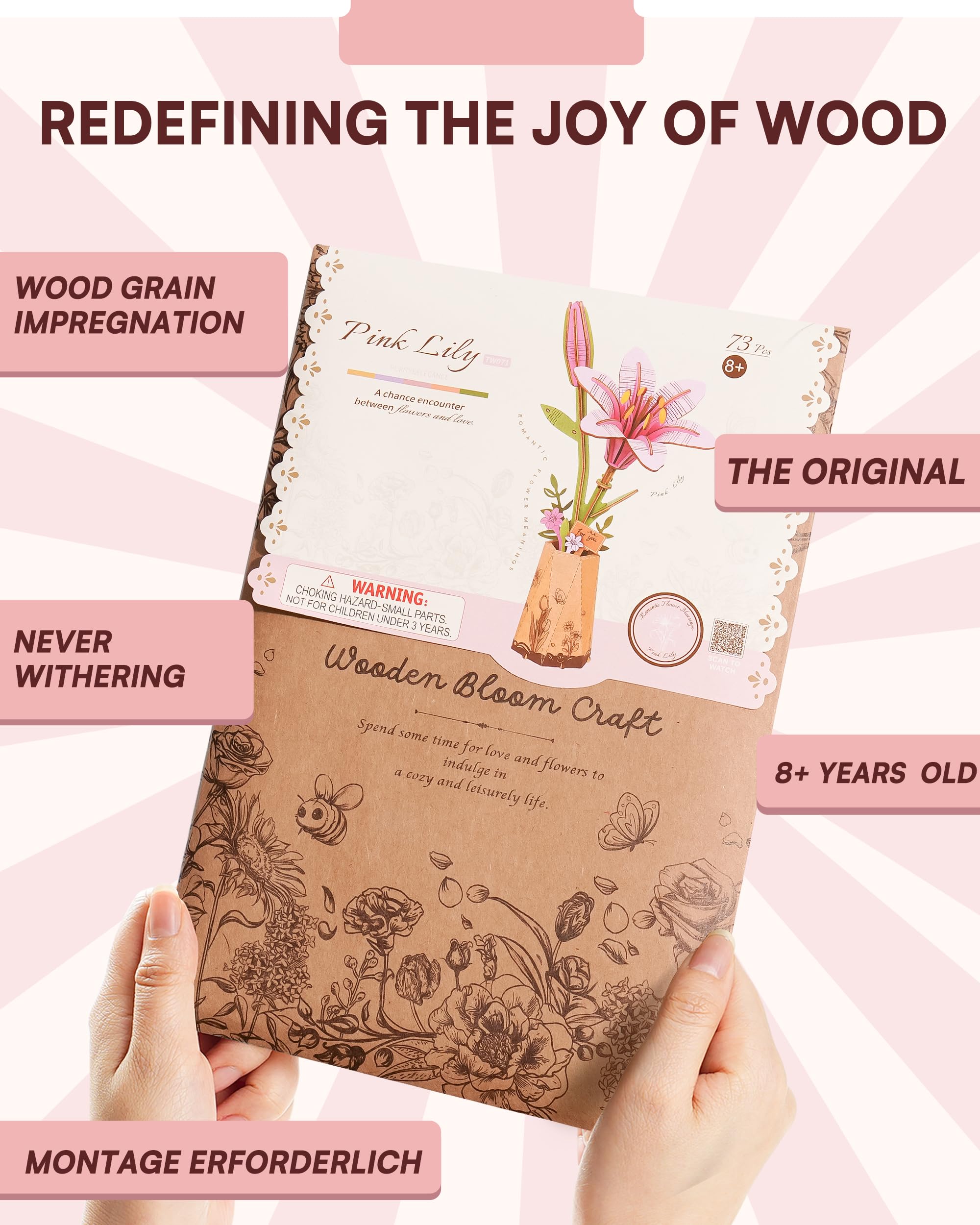 ROBOTIME Puzzle in legno 3D, kit di modelli di fiori artificiali per adulti, decorazione creativa per la casa, accessori per soggiorno, regali per donne a San Valentino (Giglio Rosa)