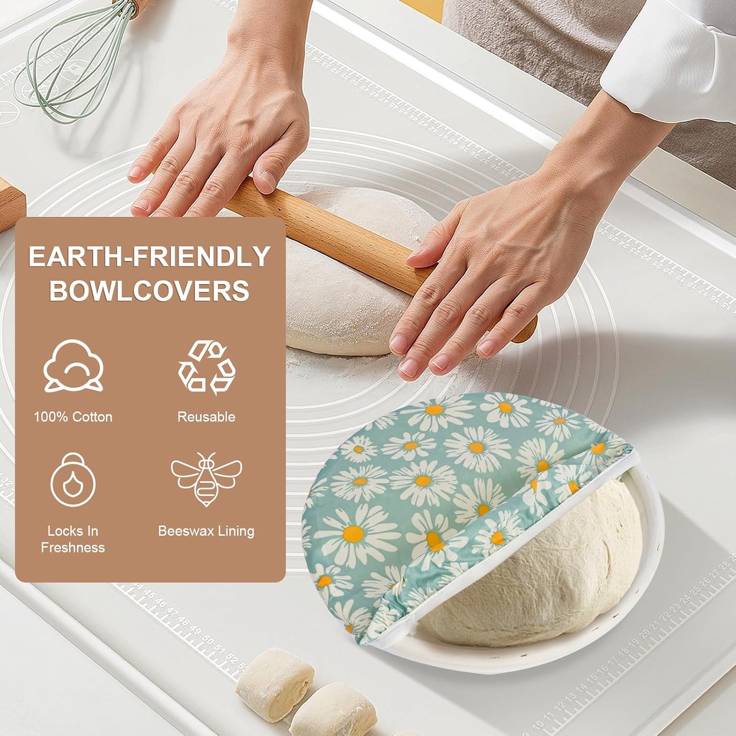 Reusable Bowl Covers for Bread Proofing - Beeswax Bowl Covers Reusable 3 Set, Cotton Blend Stretch Design, Fits 4-13 Inch Bowls, Shower Caps for Sourdough Bread, Dough Proofing & Food Storage(Daisy)