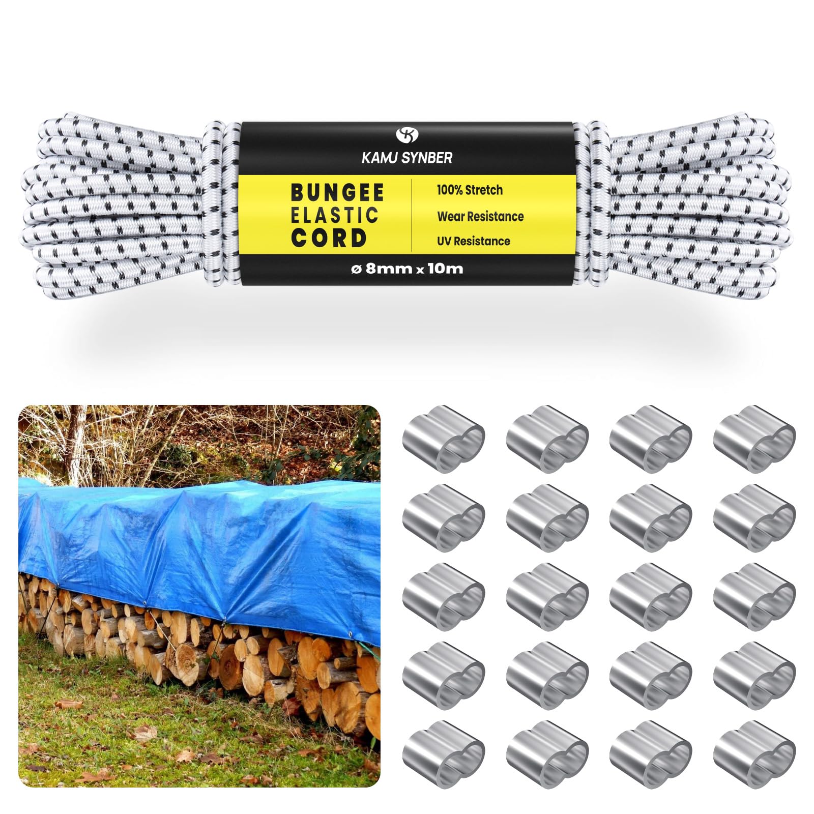 Kamu Synber 8mm x 10m Bungee Cord Elastic Shock Cord Bungee Rope for Trailer, Tarpaulin, Camping, Kayak, Luggage | 20 x Aluminum Loops | White/Black
