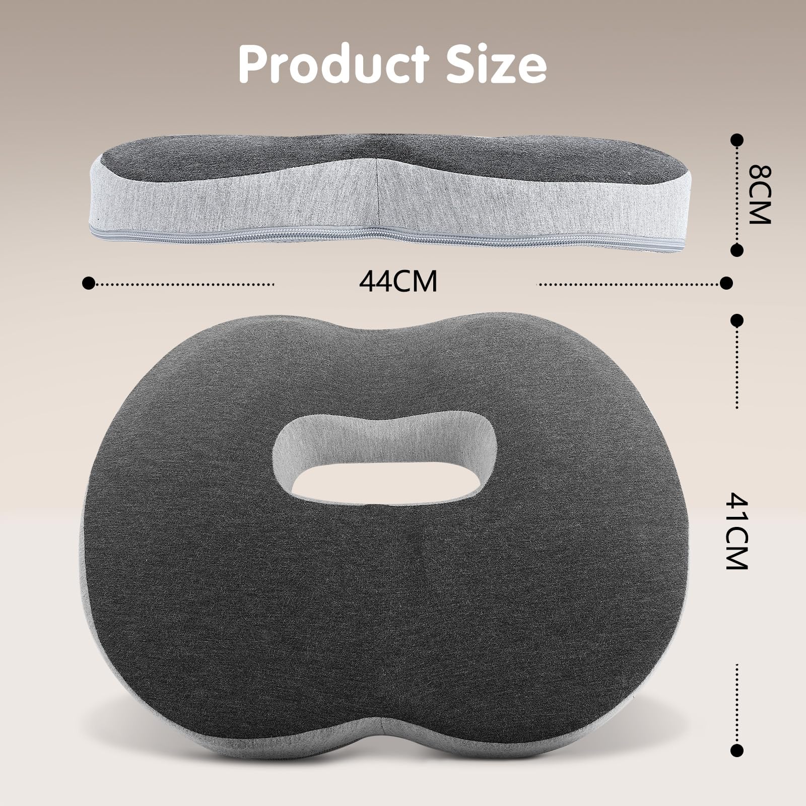 Cozary Cojin Coxis Espuma con Memoria, Cojin Antiescaras, Cojin Ergonomico Silla Oficina para Silla de Oficina, Silla de Ruedas, Asiento de Coche, 44 x 41x 8 cm, Gris