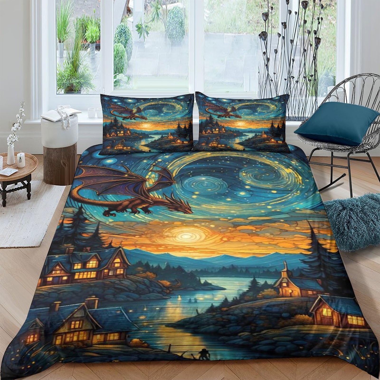 Ctjqhvkz Style-7 3D Printed Fantasy Dragon Fitted Sheet Microfiber Soft Breathable Sunset Village Mattress Cover For Bedroom Guest Room Decor Single（135X200cm）