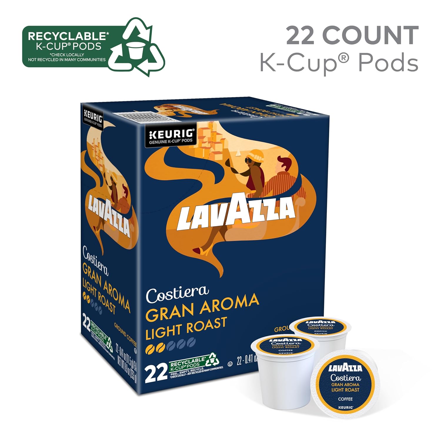 Lavazza Gran Aroma Single-Serve Coffee K-Cup® Pods for Keurig® Brewer, 22 Count, Balanced light roast with floral aroma and notes of citrus, 100% Arabica