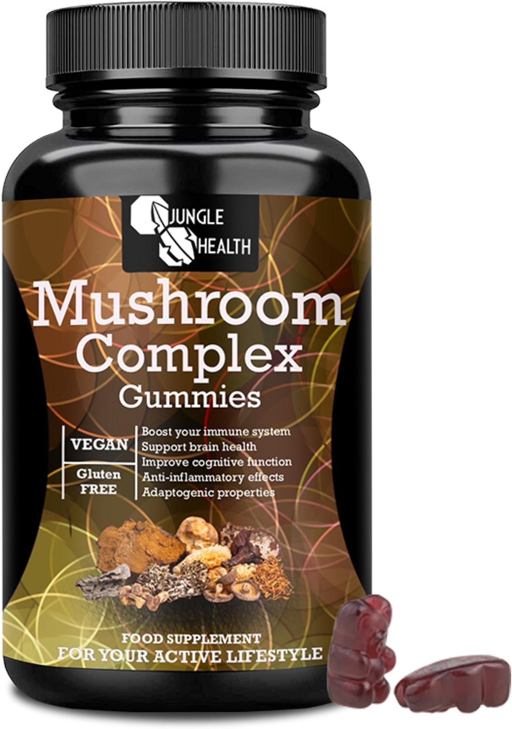Jungle Health Mushroom Complex Gummies - Lion's Mane Mushrooms, Reishi, Cordyceps, Chaga and 5 Other. Mushroom Supplement with Fuit Body Extract.Vegan and Gluten Free. Mushroom Gummies