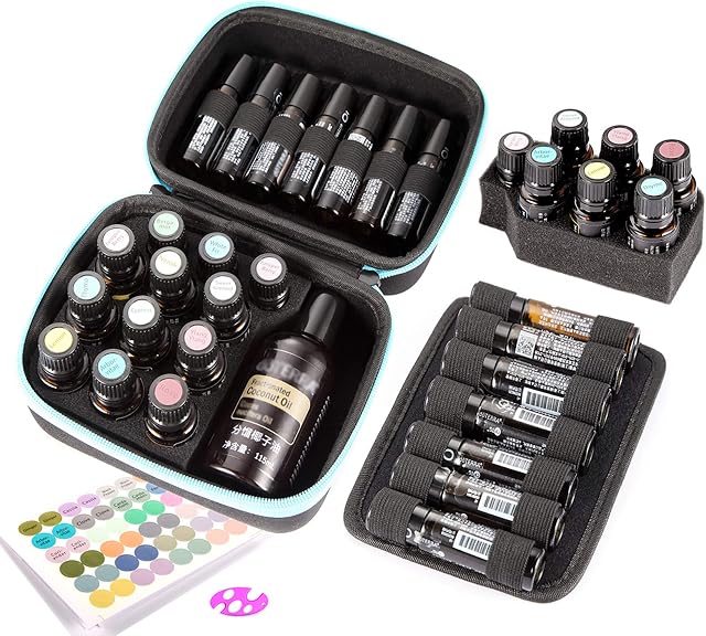 Essential Oil Box 44 Slots Travel Hard Shell Essential Oils Organizer Holder Storage Aromatherapy Oils Case Bag with Bottle Opener Labels Protective Bag for 5ml 10ml 15ml Bottles