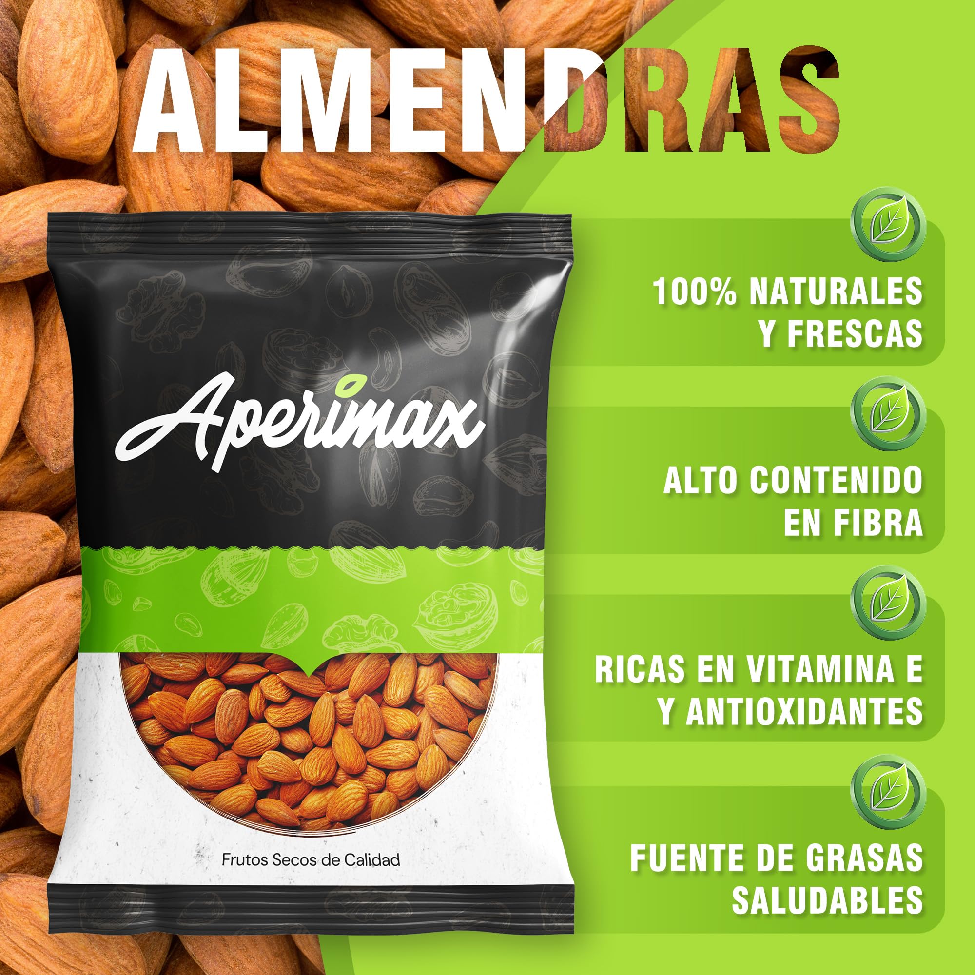 APERIMAX Almendras crudas naturales alto contenido en fibra Frutos secos sin gluten vegano