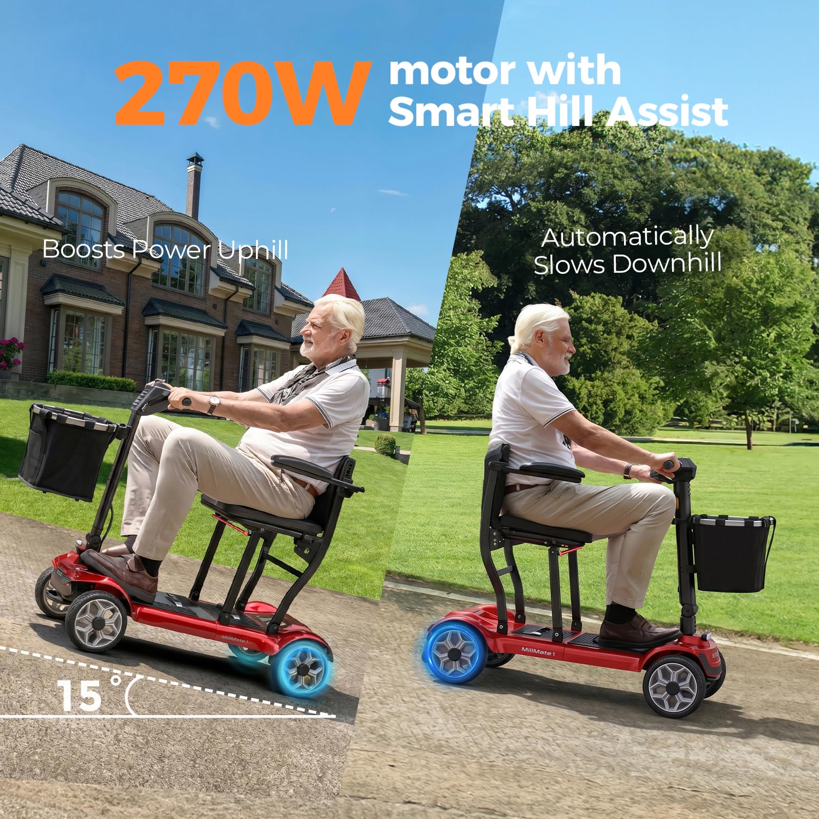 HillMiles MillMate1 Scooter Eléctrico Plegable para Mayores, Batería 384Wh