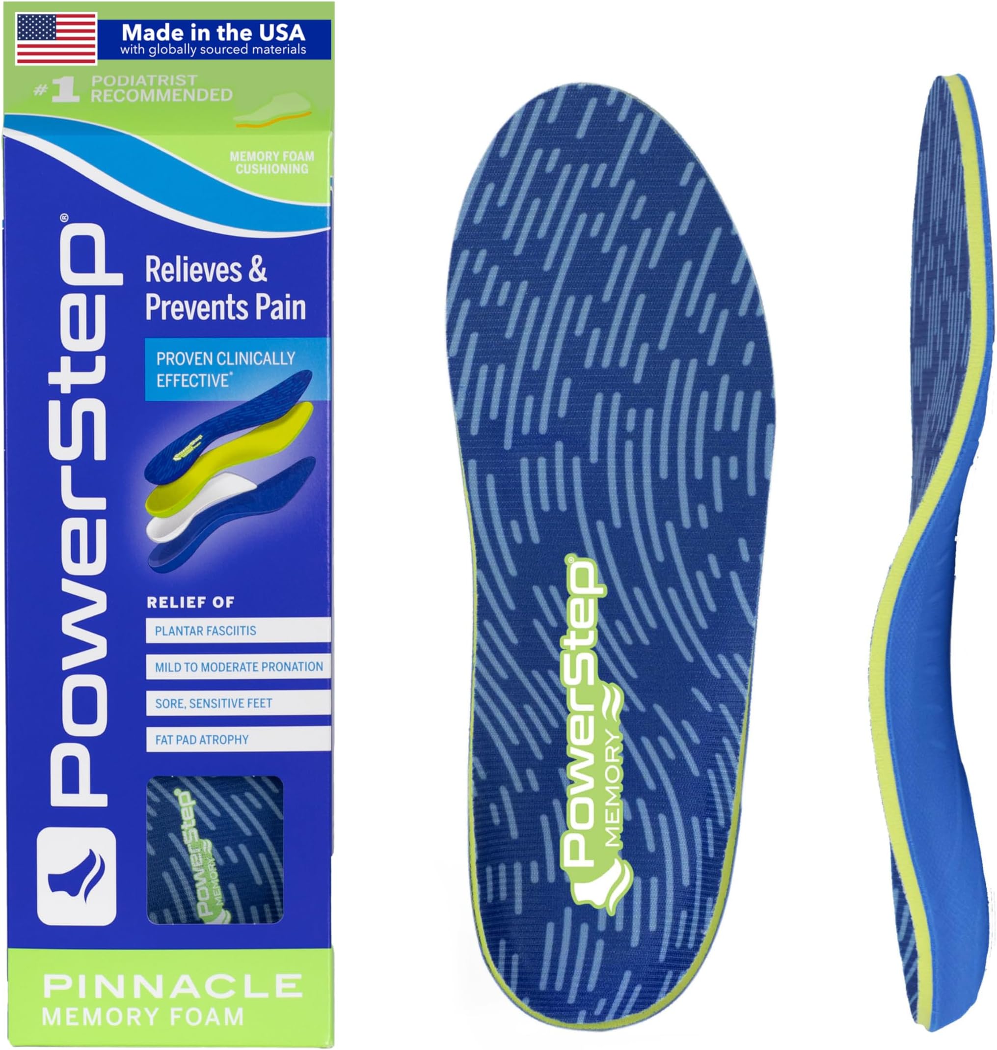 Pinnacle Memory Foam Orthotics Insoles, Heel and Arch Support, Plantar Fasciitis Relief, Mild Pronation, Fat Pad Atrophy, Cushioned Orthotics for Men and Women, Made in The USA