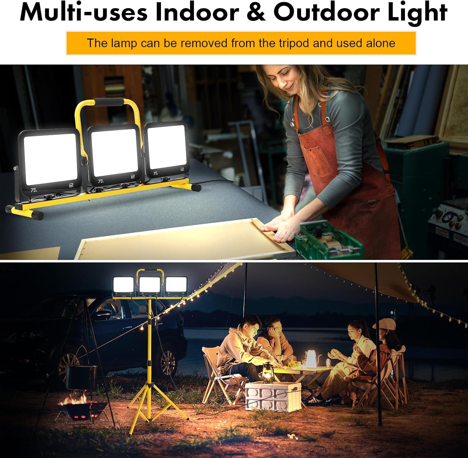 225W 22500 Lumen Work Lights with Stand, Three Head LED Work Light with Individual Switch, 15FT Power Cord, IP66 Waterproof, Adjustable Metal Telescoping Tripod for Indoor and Outdoor