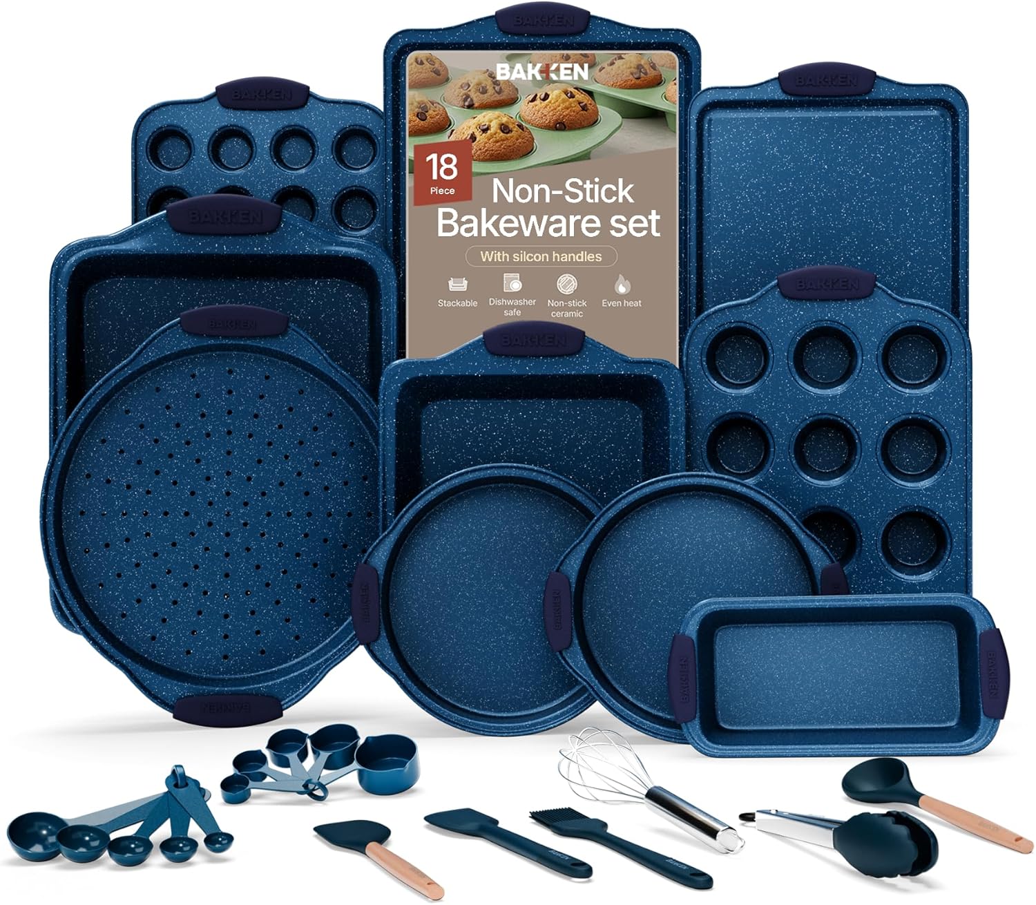 BAKKEN Kitchen Baking Pan Set – Nonstick Coating, Carbon Steel Bakeware Sets with Blue Silicone Handles, Baking Kitchen Essentials, PFOA, PFOS, PTFE Free, Oven Safe Tray (Up To 450° F), Set of 18 BAKKEN Kitchen Baking Pan Set – Nonstick Coating, Carbon Steel Bakeware Sets with Blue Silicone Handles, Baking Kitchen Essentials, PFOA, PFOS, PTFE Free, Oven Safe Tray (Up To 450° F), Set of 18
