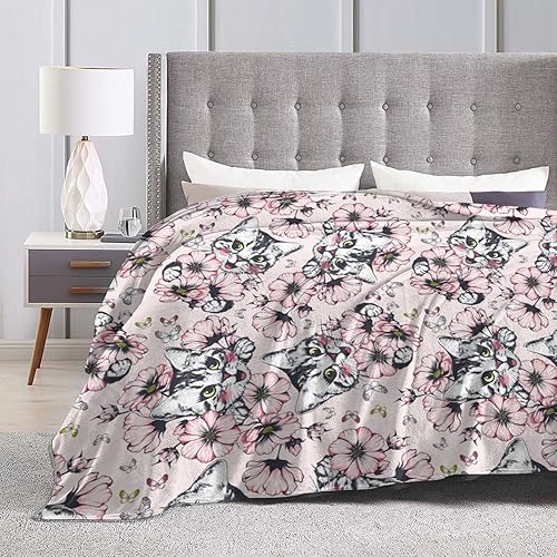 Miniatura 3 de Yipaidel Manta de forro polar con diseño de flores rosas con cara de gato feliz, ligera y acogedora, manta de felpa suave y cálida para sofá, cama,