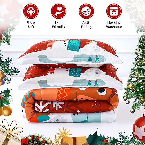 Miniatura 7 de YIYEA Juego de edredón para niños tamaño matrimonial, edredón de Navidad, bonitos juegos de ropa de cama de Navidad para niñas y niños, ligero,