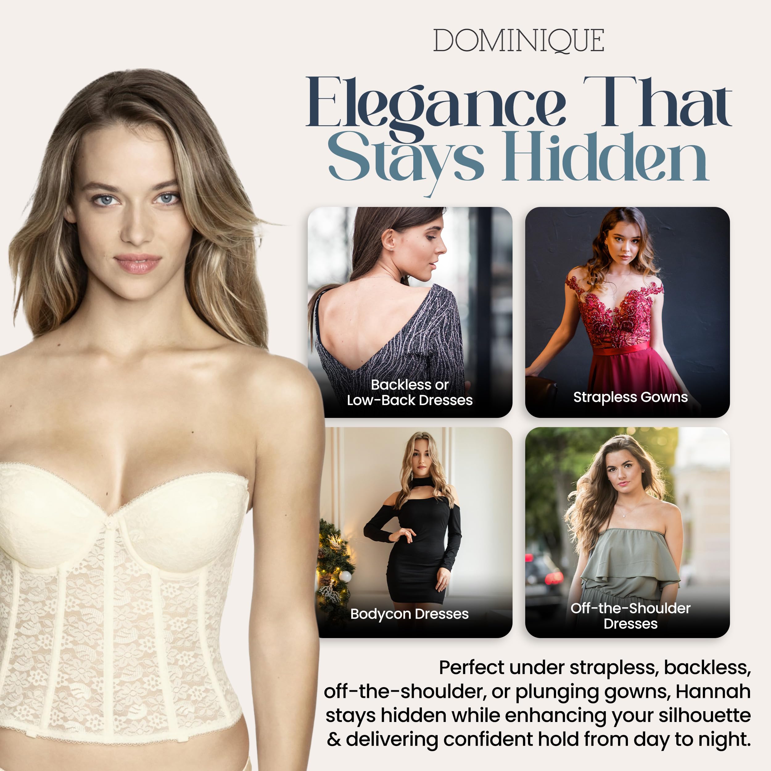 Dominique Women’s Hannah Strapless Push-Up Longline Bra #7759 - Low Back Corset - Picture 14 of 15