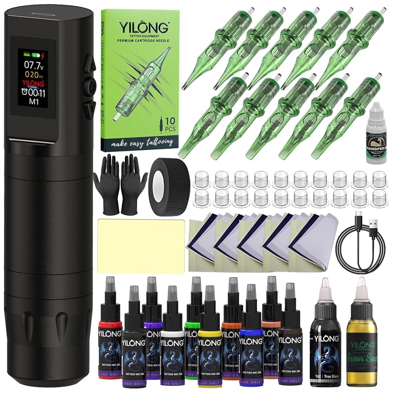 Kit para Tatuagem YILONG com Máquina sem Fio, Display LED Digital, Bateria de 1200 mAh, 10 Agulhas Cartridge e Gel para Transferência