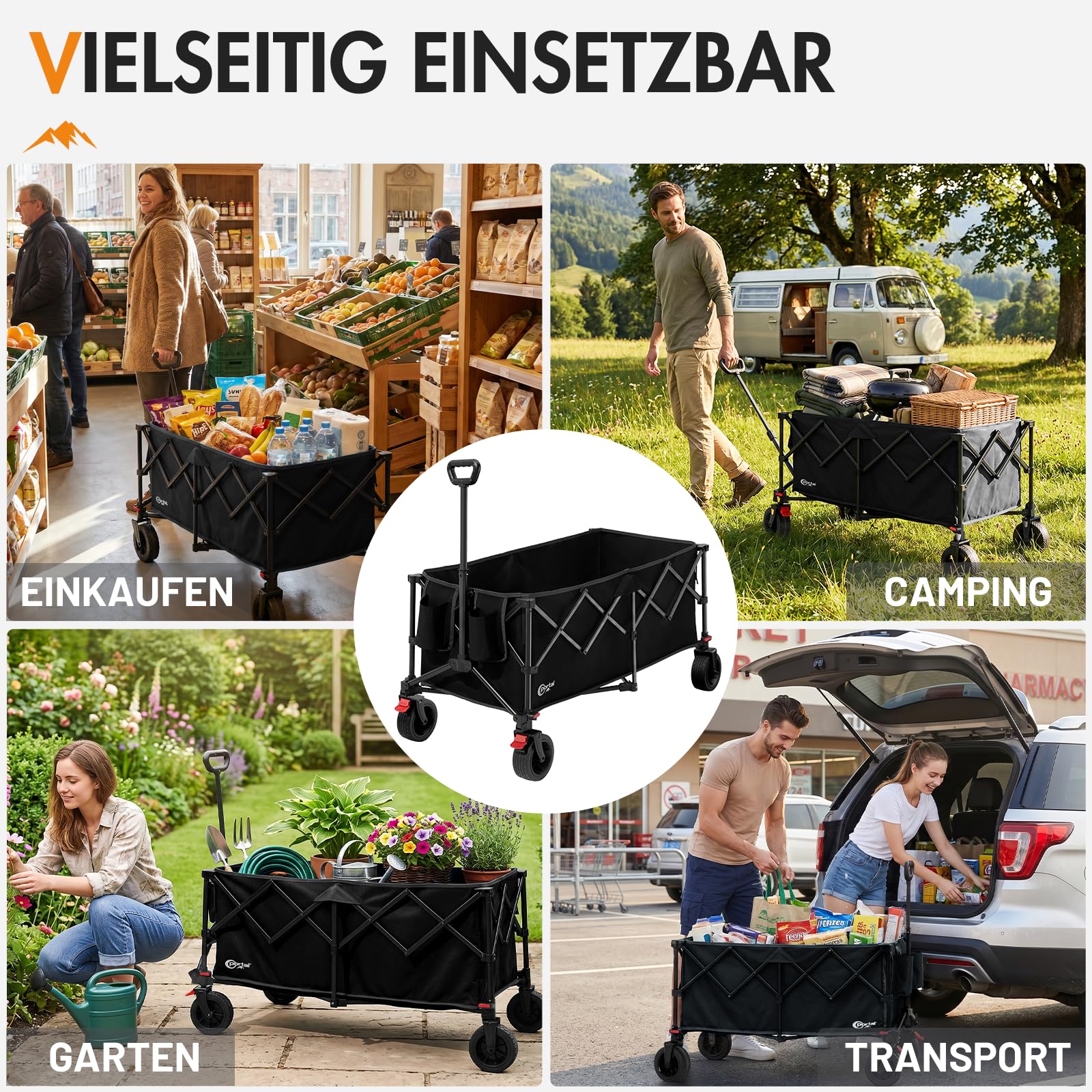 Bollerwagen faltbar 300L XXL Ladefläche 150kg belastbar Handwagen mit Getränkehalter Transportwagen klappbar Strandwagen Faltwagen für Garten Camping Festival