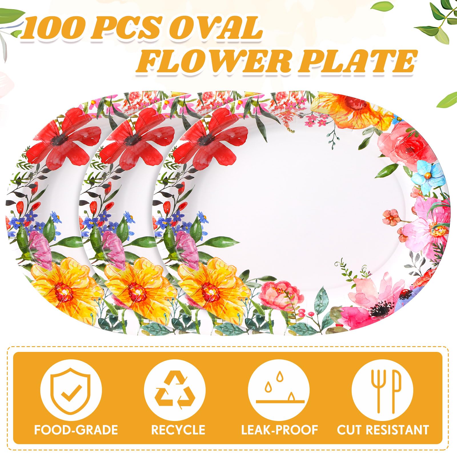 Maxcheck Ovale Pappteller mit Blumenmuster, 25,4 x 30,5 cm, Frühlingsblumen, Einweg-Pappteller, Blumen-Speiseteller für Muttertag, Hochzeit, Frühling, Tee, Party, Dekoration, 100 Stück