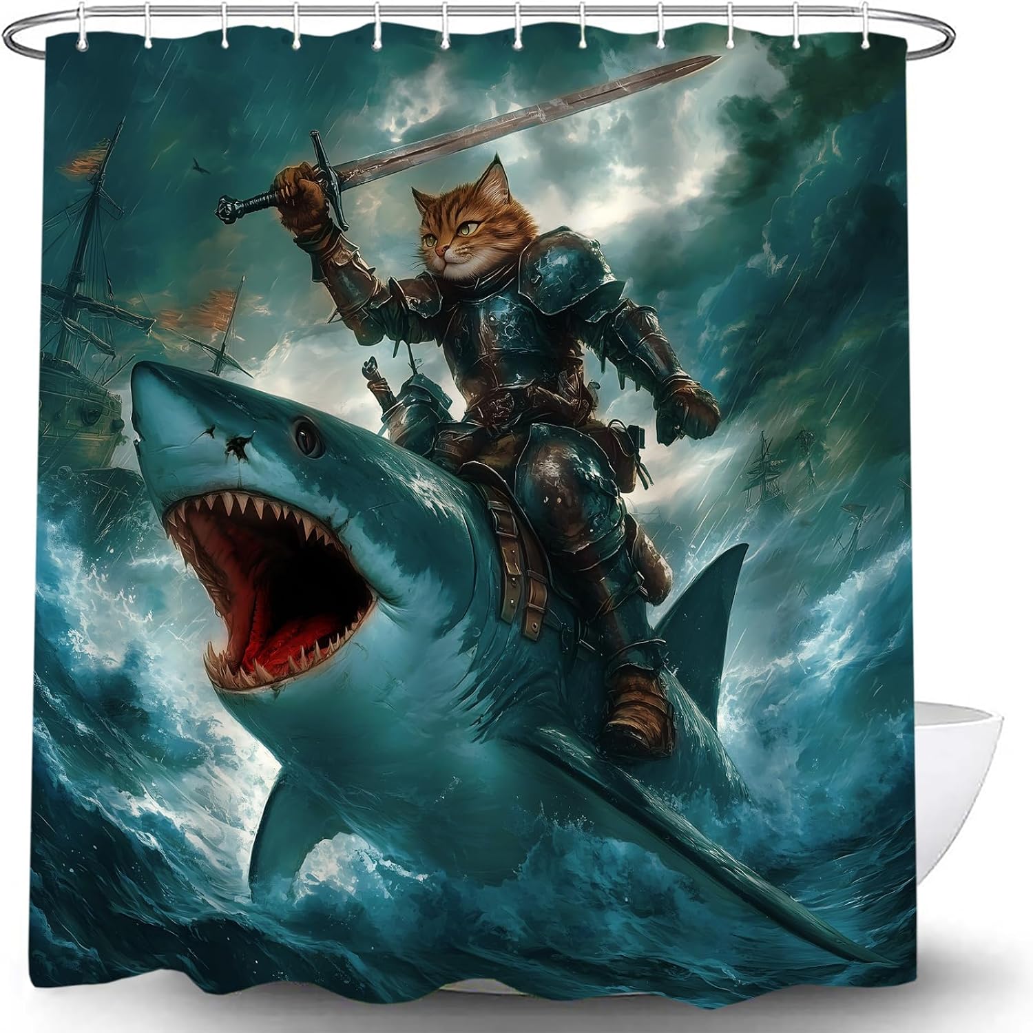 Funny Cat Shower Curtain Riding Shark Hilarious Fighting on Blue Ocean Nautical Sea Waves Sailboat Cool Bath Decor Curtain with Hooks, 70x78 Inch