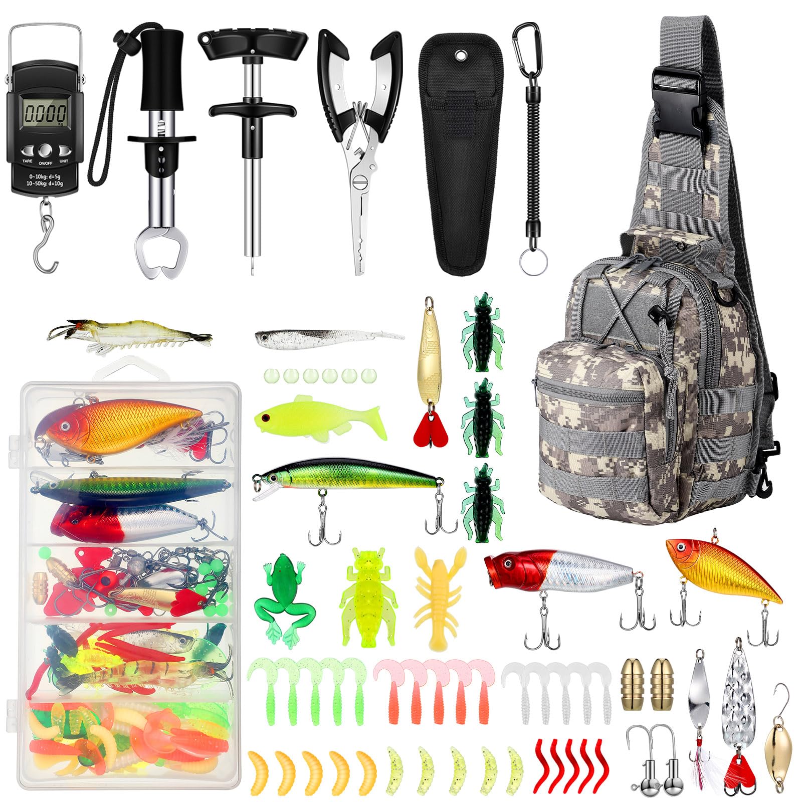 Sosation 134 Pcs Fishing Tool Fishing Tool and Equipment Gift for Adults, Hook Remover, Pliers Kit, Backpack Tackle Container with Tackle Included, Lures, Lip Gripper, Weigh Scale