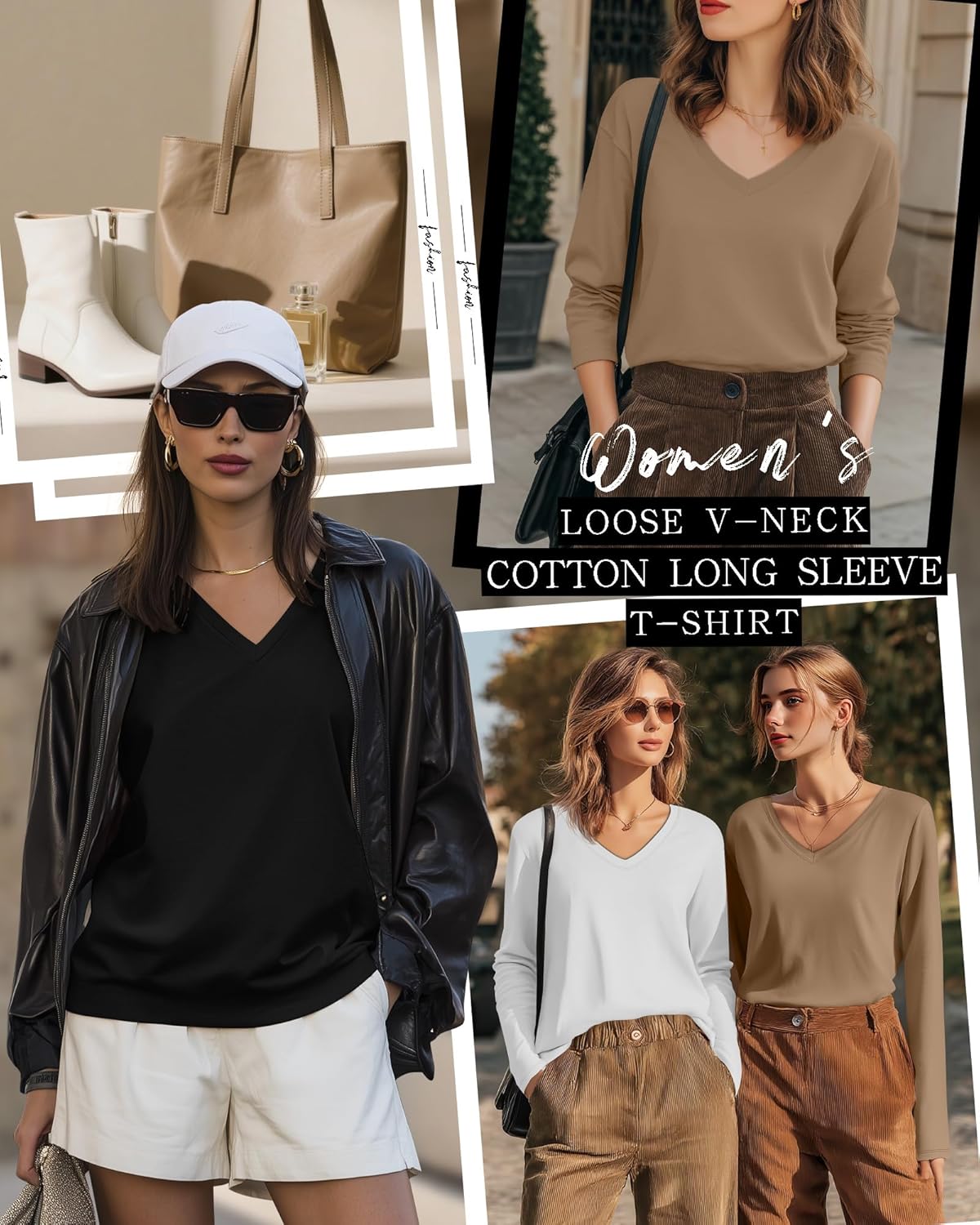 Ficerd 3 Pack Women's Long Sleeve Shirts, V Neck Cotton Blend Tops Loose Fit Casual T-Shirts Curved Hem Basic Layering Tees - Image 3