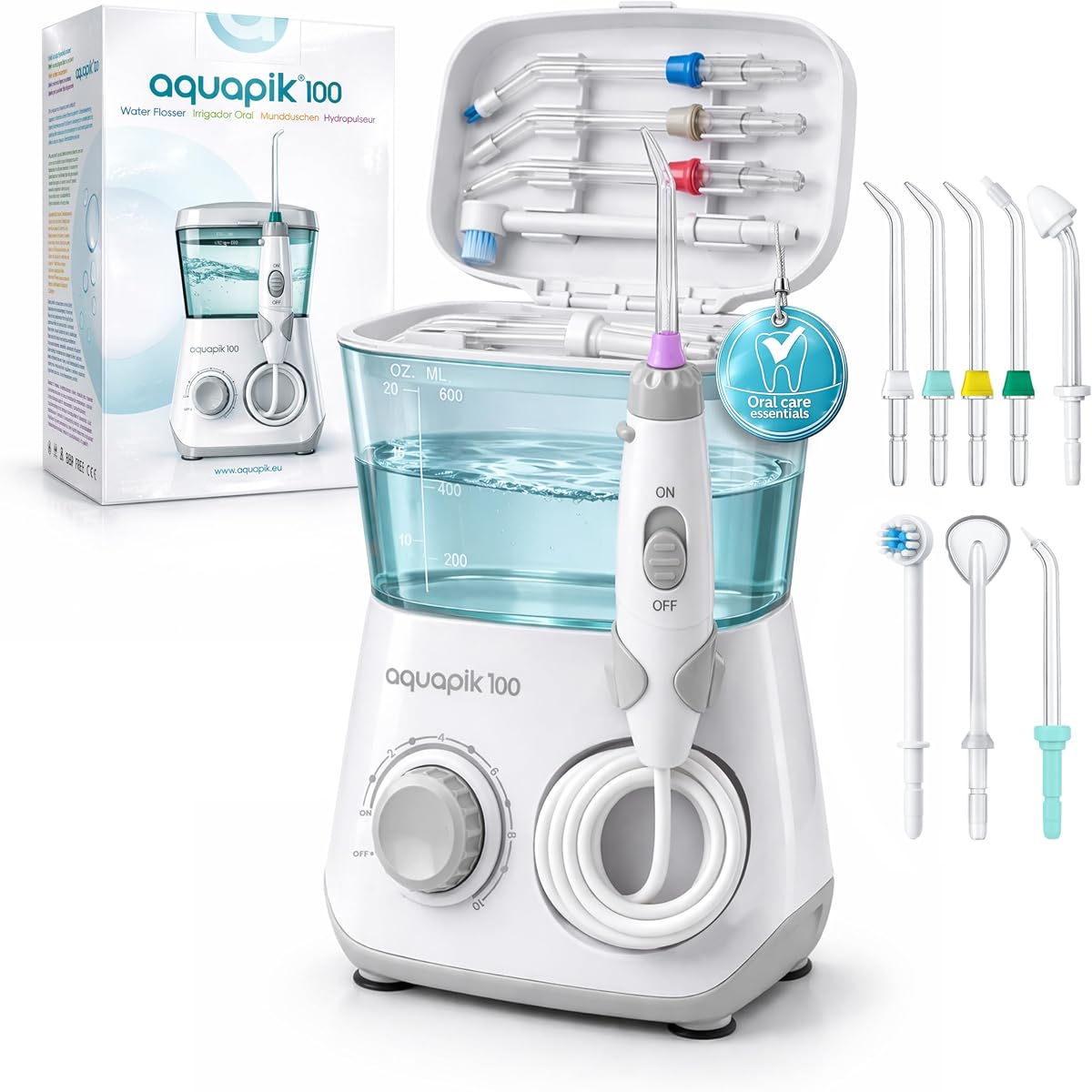 Bostontech Aquapik 100 irrigador dental de encimera para dientes, irrigador bucal con cable de 600 ml con 10 niveles de presión, 8 boquillas incluyendo punta nasal, punta de 360°, para aparatos ortopédicos, implantes, encías, blanco