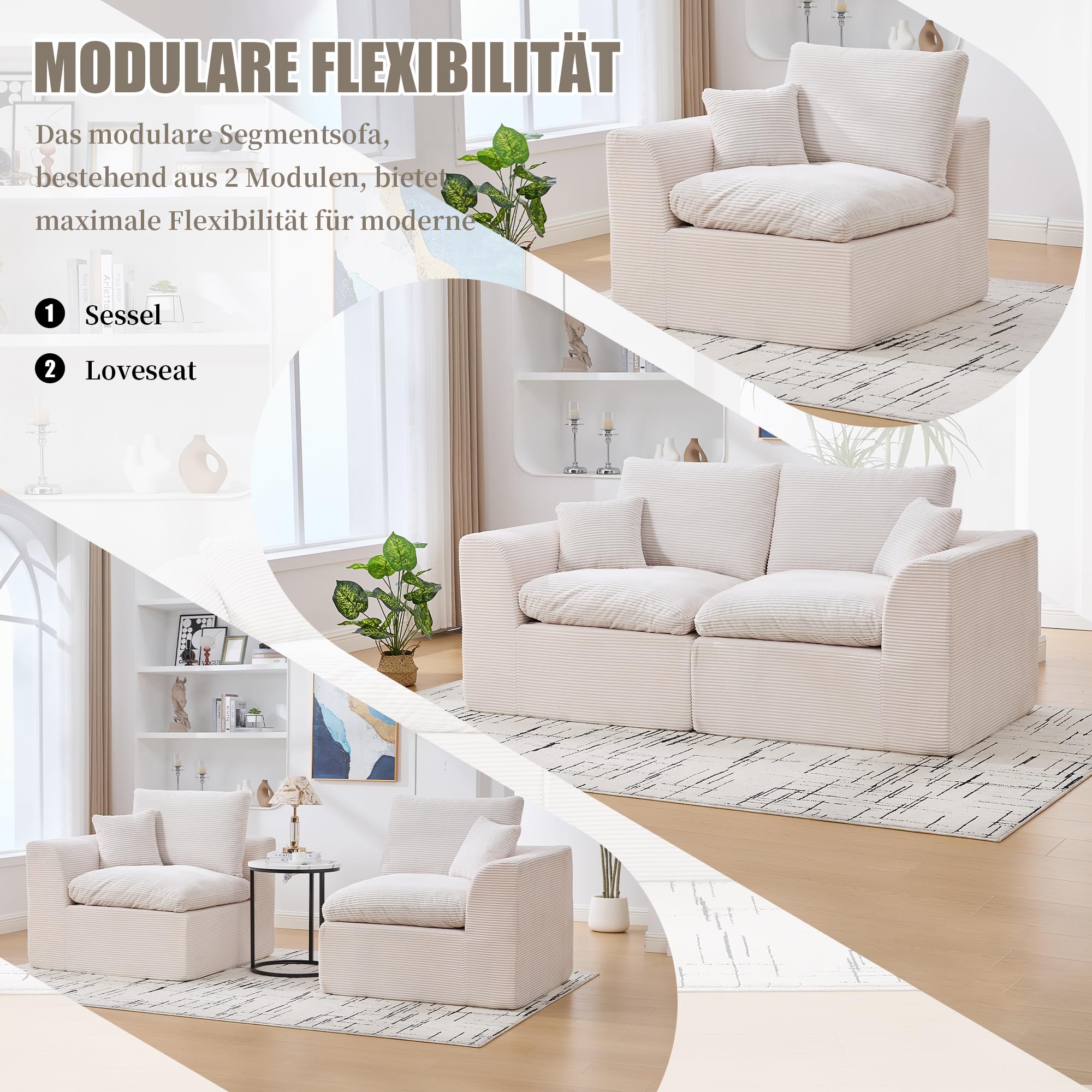 Divano modulare a 2 posti Cloud, divano senza osso, in spugna altamente elastica e tessuto a coste, poltrona morbida e confortevole, completa di cuscino, per soggiorno e camera da letto, beige