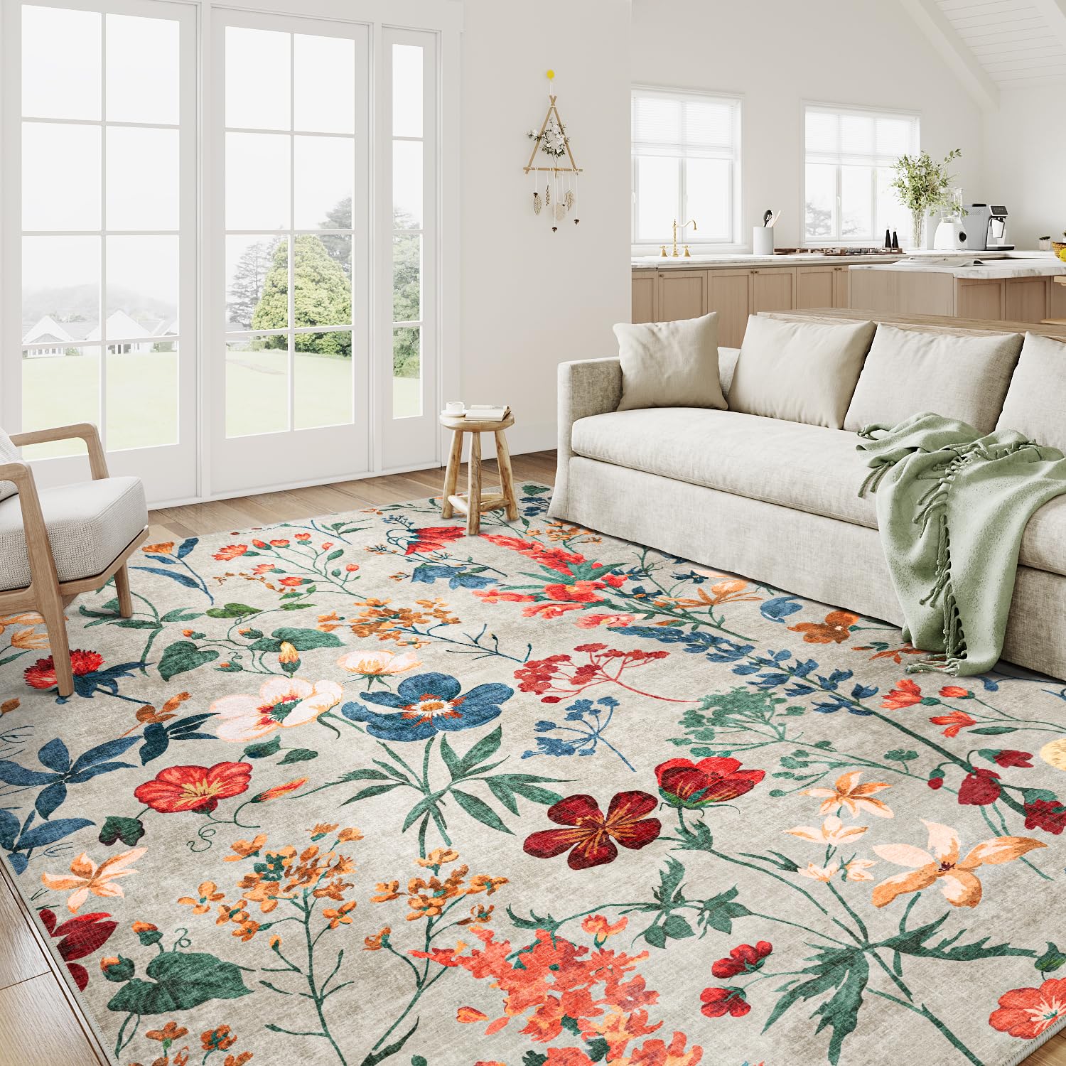 Beige Area Rug 8x10 Boho Living Room Rug Floral Washable Bedroom Carpet Non Slip Winter Indoor Rug Large Low Pile Accent Rug Lightweight Throw Rug for Office Dining Room Farmhouse