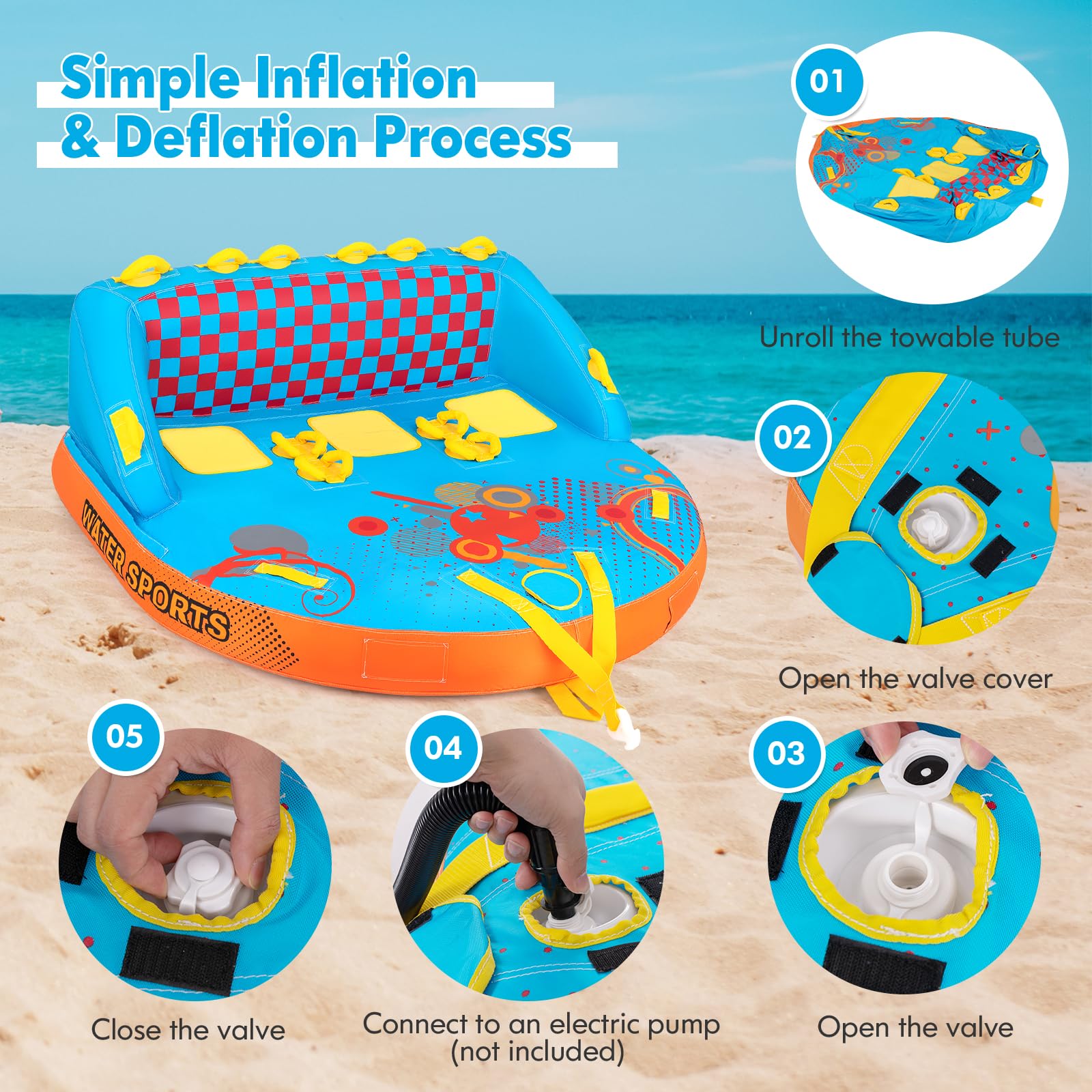 HOMASIS Hinchable remolcable para 3 Personas, Boya Barco con Inflable Cubierta de Nailon Grueso Resistente, Neumáticos remolcables para Deportes acuáticos, Carga 300kg,193x189x82cm, Multicolor