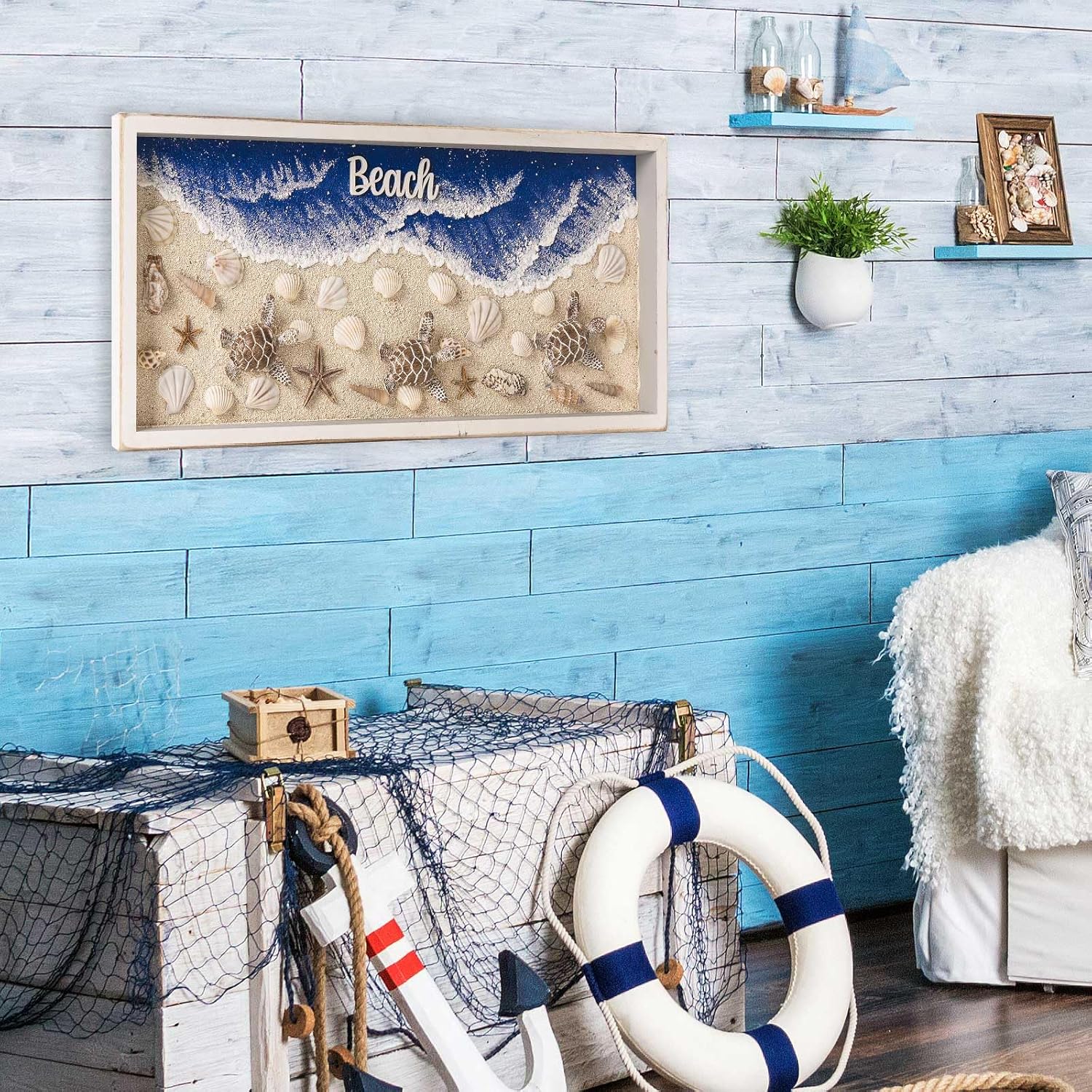 pechpell Beach Wall Decor with 3D Sea Turtle Seashell Starfish Conch Wave, 23.6×10.6 Inch Coastal Themed Room Wall Sculptures Art Wooden Framed, Ocean Beachy Living Room Bedroom Bathroom Home Artwork