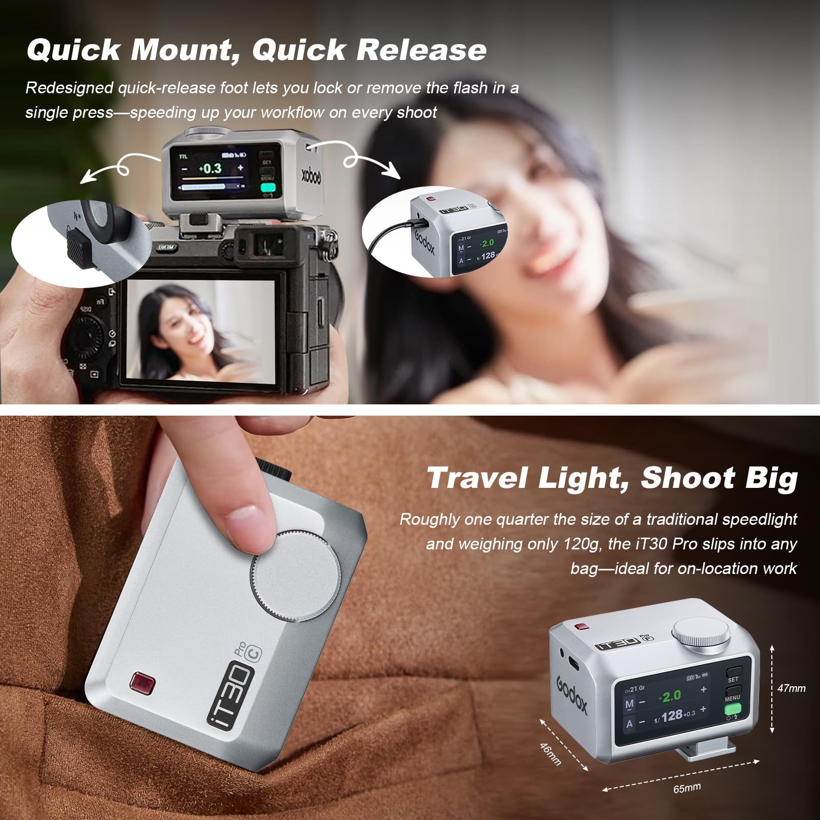 Godox iT30Pro-F iT30Pro F Mini KameraBlitz mit Weißem Diffusor Speedlite Camera Flash 560 Blitze bei Voller Wireless Master & Receiver Leistung 2.4G TTL Touchscreen für Fuji Kamera DSLR(Silber)