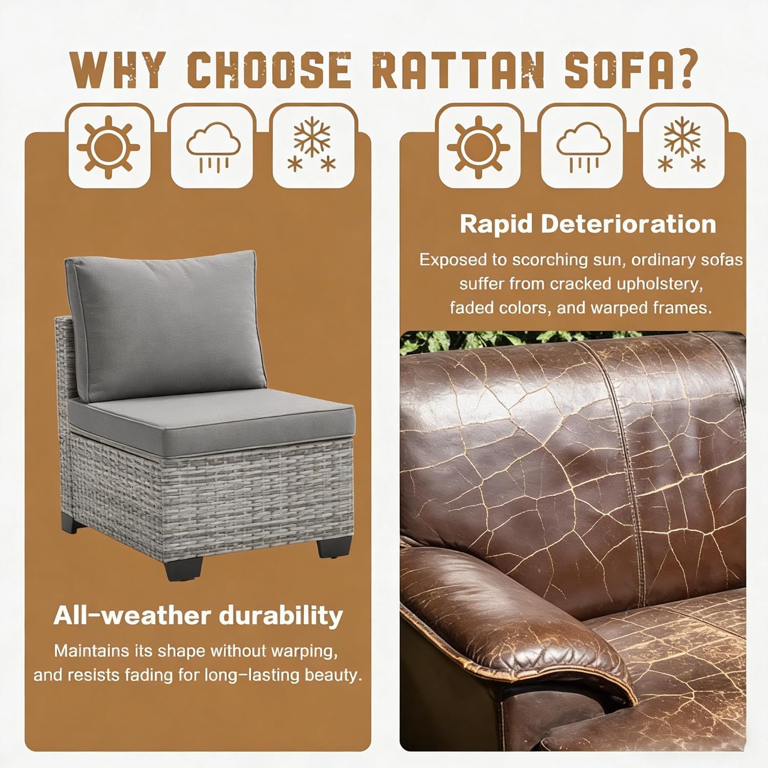 MOCHITO 7 Pieces Outdoor Patio Furniture Sets, All-Weather Sectional Sofa Grey PE Rattan Wicker Conversation Set with Glass Table and Washable Grey Cushions for Backyard,Sunroom,Garden,Porch