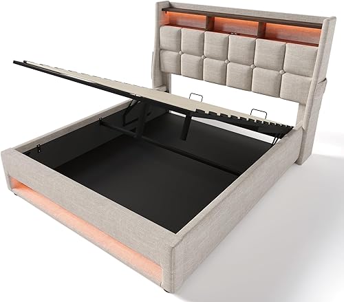 Miniatura 15 de Base de cama LED tapizada tamaño Queen, plataforma flotante de terciopelo con cabecero, MDF moderna y cama de madera contrachapada (beige-081)