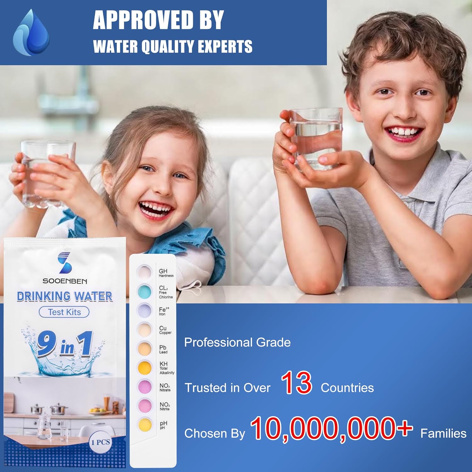 2025 Upgraded Drinking Water Testing Kit, Individually Wrapped 9-in-1 Home Tap and Well Water Quality Test Strips for Hardness, Lead, Iron, Copper, Chlorine, PH, Alkalinity, Nitrate, Nitrite, 7Pcs