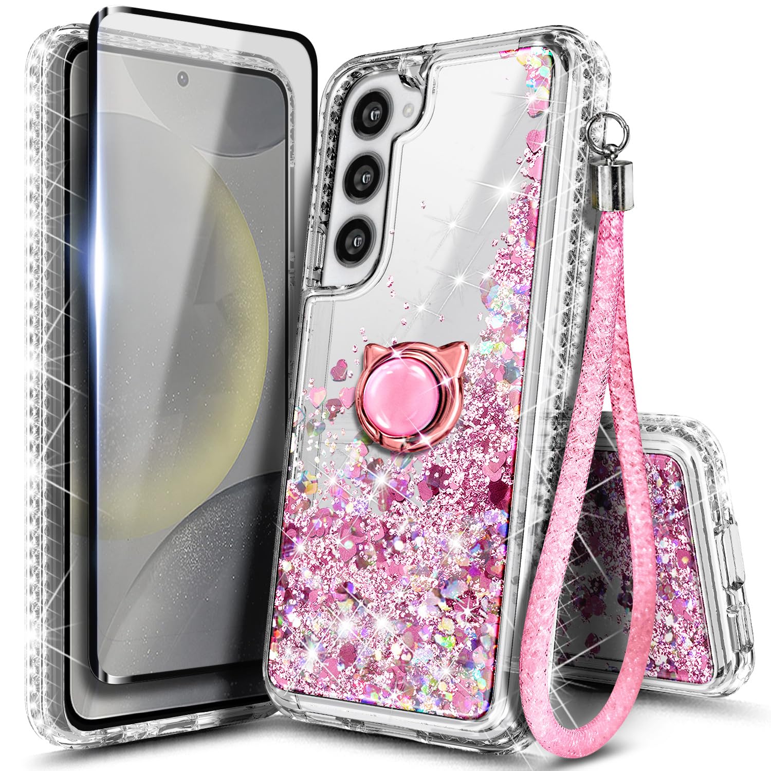 NGB Designed for Samsung Galaxy S23-FE Case, Rose Gold | Glitter Liquid Sparkle Cute Cover for Women Girls Kids | with Screen Protector & Ring Holder & Wrist Strap Lanyard