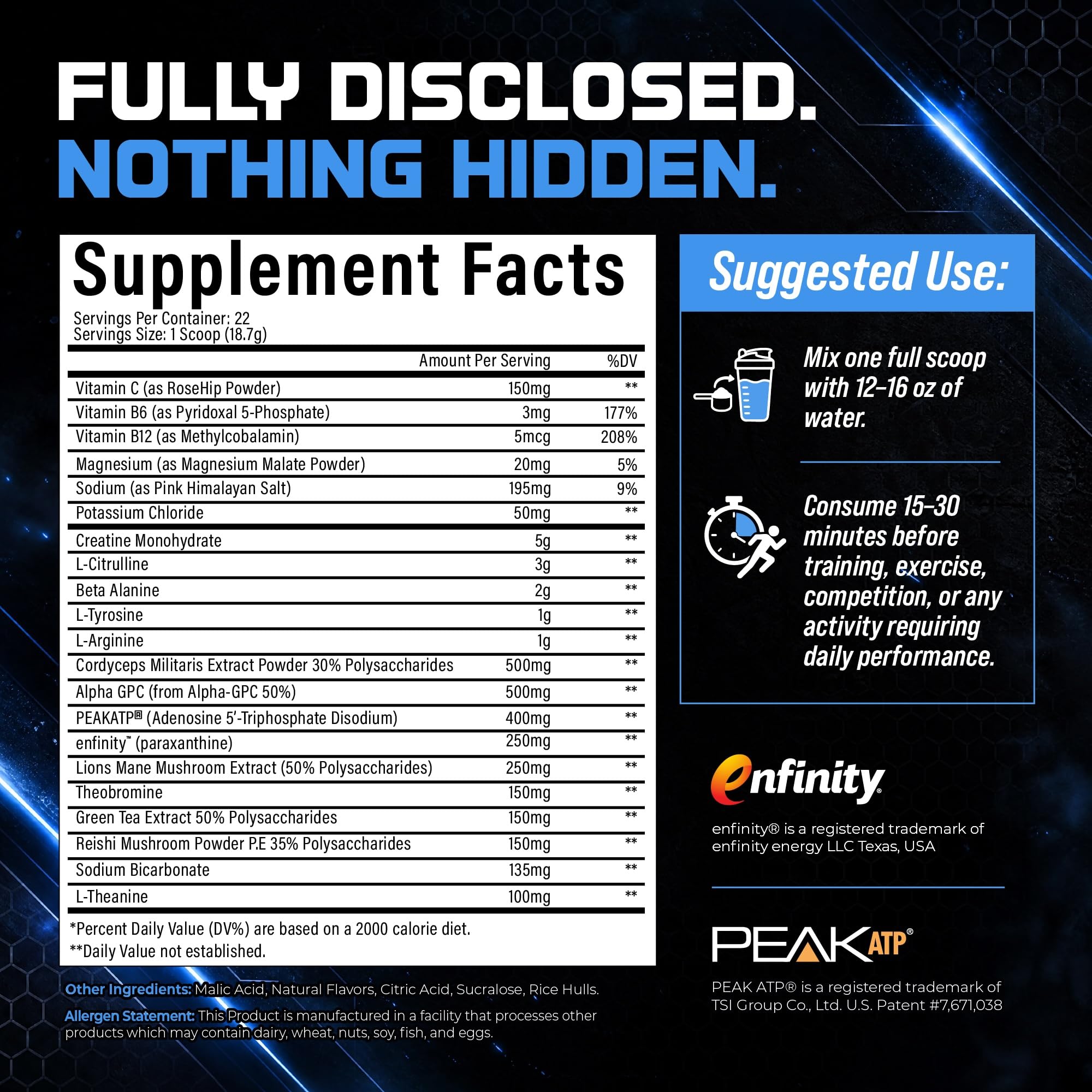 Pre Workout – 6-in-1 Daily Complex for Energy, Focus, Muscle & Performance – 5g Creatine, Beta Alanine, PeakATP, Enfinity – Electric Berry Bliss, 22 Servings — Amazon image 5
