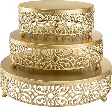 Hedume 3 Pack Cake Stand, Round Metal Cake Stands, 8 10 12 Dessert Display Cupcake Stands, Wedding Brithday Party Celebration Dessert Cake Display Plates-Gold