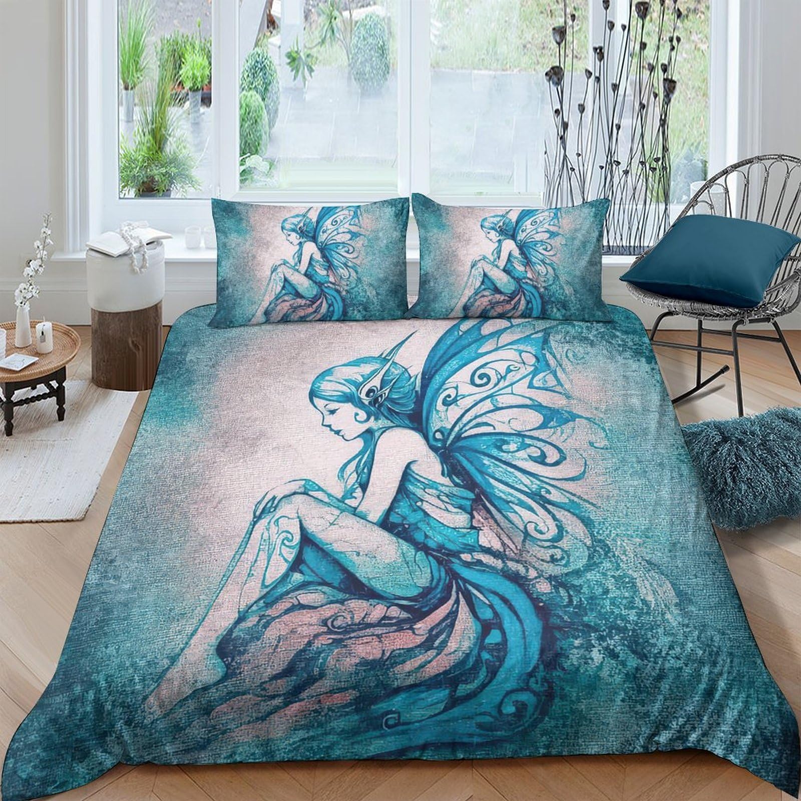 Ctjqhvkz Style-6 3D Printed Blue Fairy Fitted Sheet Microfiber Soft Bedroom Decor Fantasy Wings Mattress Cover For Home Dorm Single（135X200cm）
