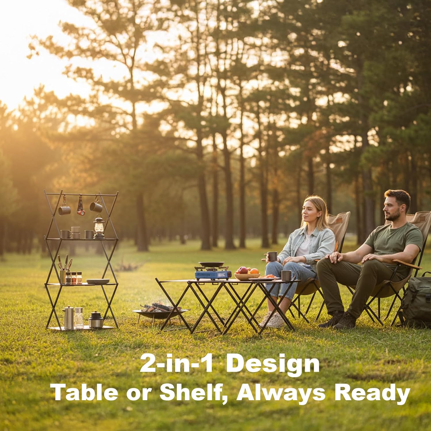 Folding Camping Table & Shelf, 2-in-1 Portable Aluminum Picnic Table and 3-Tier Storage Rack, Lightweight Low Table with Carrying Bag for Outdoor, Beach, Picnic, BBQ and Party