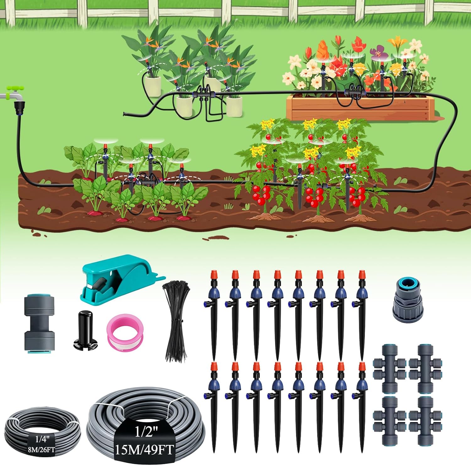 MYMULIKE 75FT Drip Irrigation System, 1/2" Main Pipe & 1/4" Branch Pipe, Adjustable Drip Emitters, Automatic Irrigation Kit Garden Watering System for Flower Bed, Raised Beds, Lawn, Greenhouses