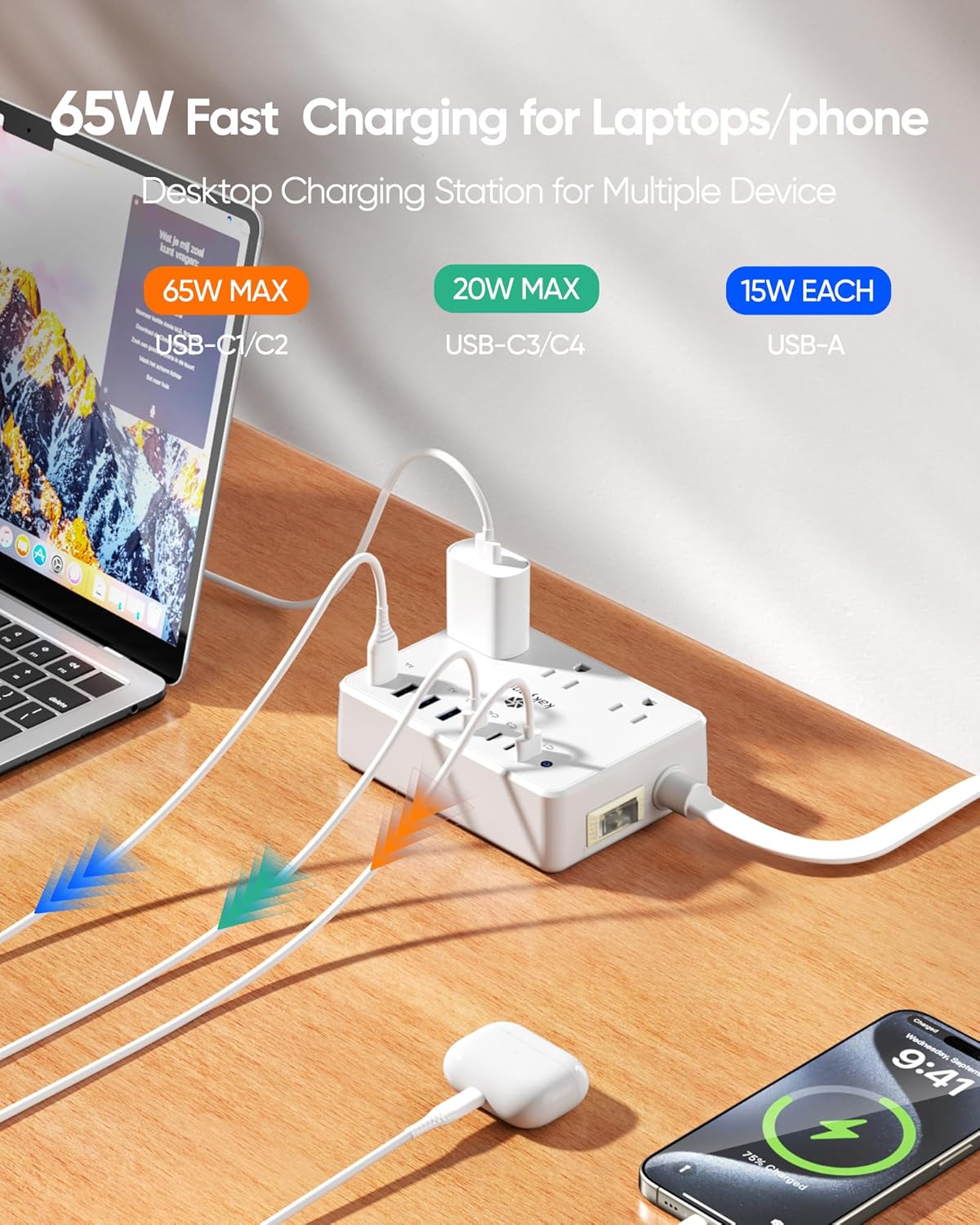 100W Charging Station, 6 AC Outlets 8 USB Power Strip with 2000J Surge Protector, 5ft Flat Plug Extension Cord, Compact for Desk Home Office Dorm, White