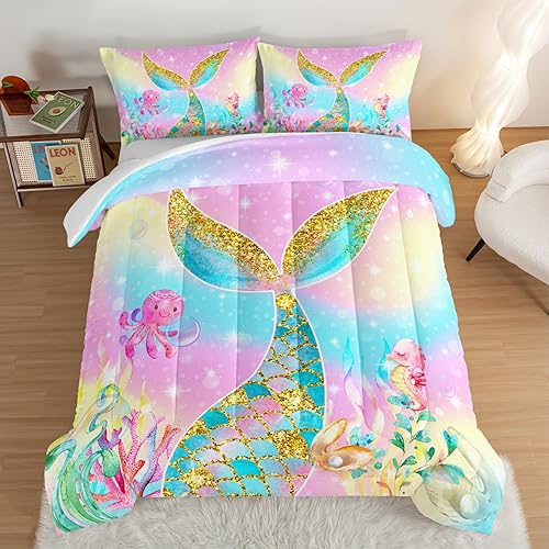 HOSIMA Edredón de sirena con 2 fundas de almohada, juego de ropa de cama de arcoíris femenino con cola de sirena, juego de cama tamaño matrimonial