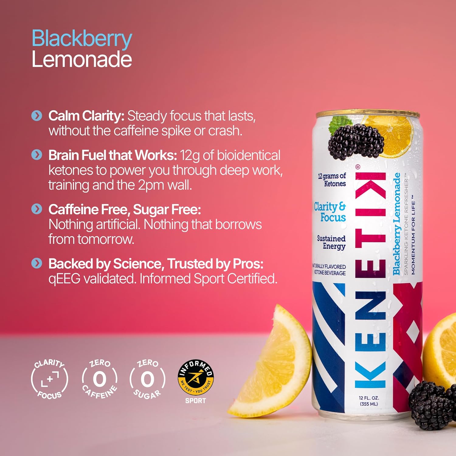 Kenetik Ketone Focus Drink - Plant-Based D-BHB Bioidentical Ketones for Caffeine-Free Focus & Steady Mental Clarity - Zero Sugar, Nootropic Brain Fuel - 12oz Cans (12-Pack), Blackberry Lemonade