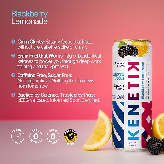 Kenetik Ketone Focus Drink - Plant-Based D-BHB Bioidentical Ketones for Caffeine-Free Focus & Steady Mental Clarity - Zero Sugar, Nootropic Brain Fuel - 12oz Cans (12-Pack), Blackberry Lemonade | Caffeine-Free Focus with Plant-Based D-BHB Bioidentical Ketones & Steady Mental Clarity, Zero Sugar, Nootropic Brain Fuel
