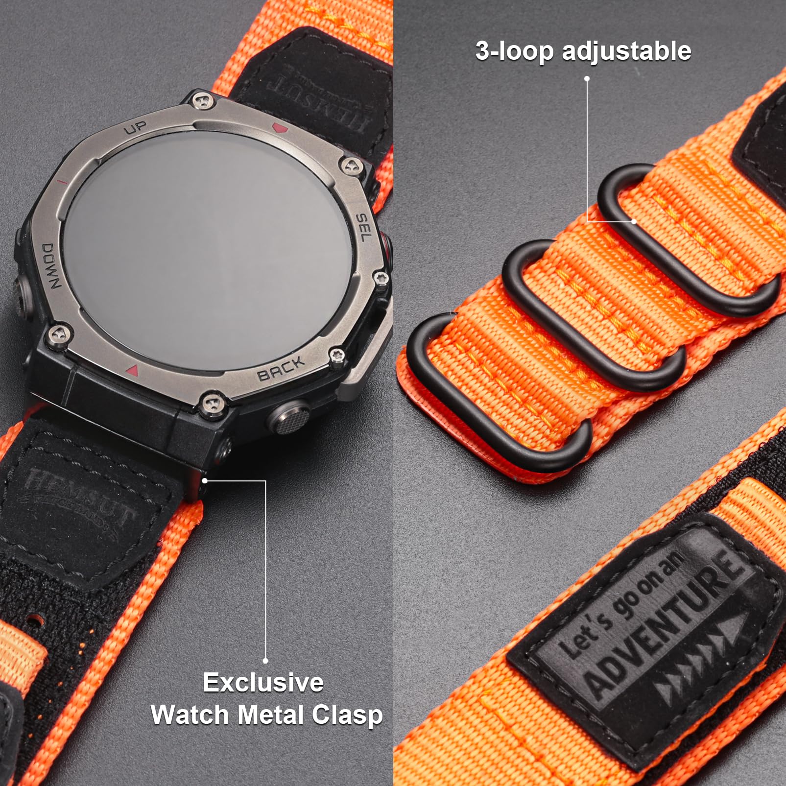 SMITHA Bracelet de montre compatible avec Amazfit Trex 3 / Trex 3 Pro 48 mm - Bracelet de montre en nylon durable avec patch en cuir, 3 boucles réglables en 5 couleurs