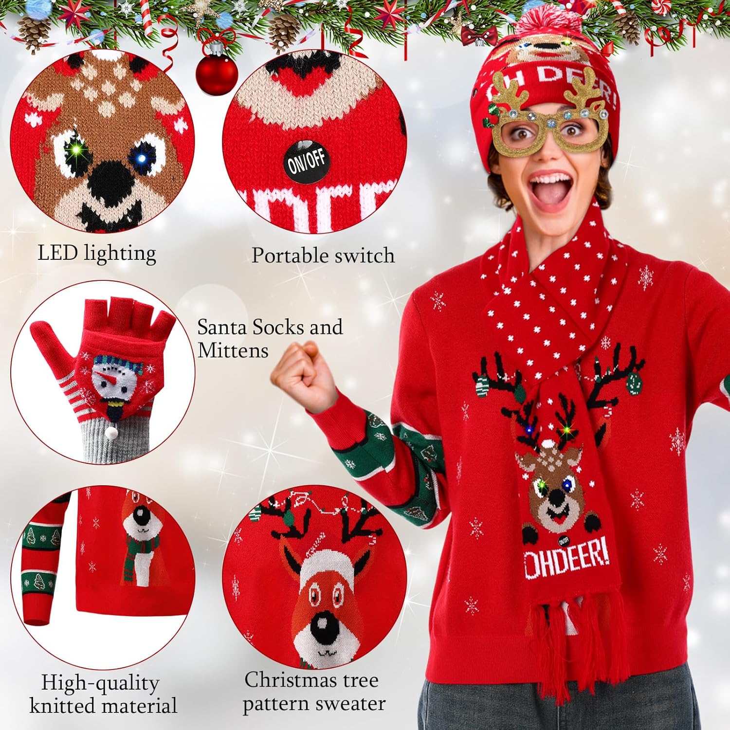 Shyyween 6 Pcs Ugly Christmas Sweater Unisex Set LED Light up Beanie Knit Hat Christmas Scarf Gloves Socks Xmas Glasses Frame