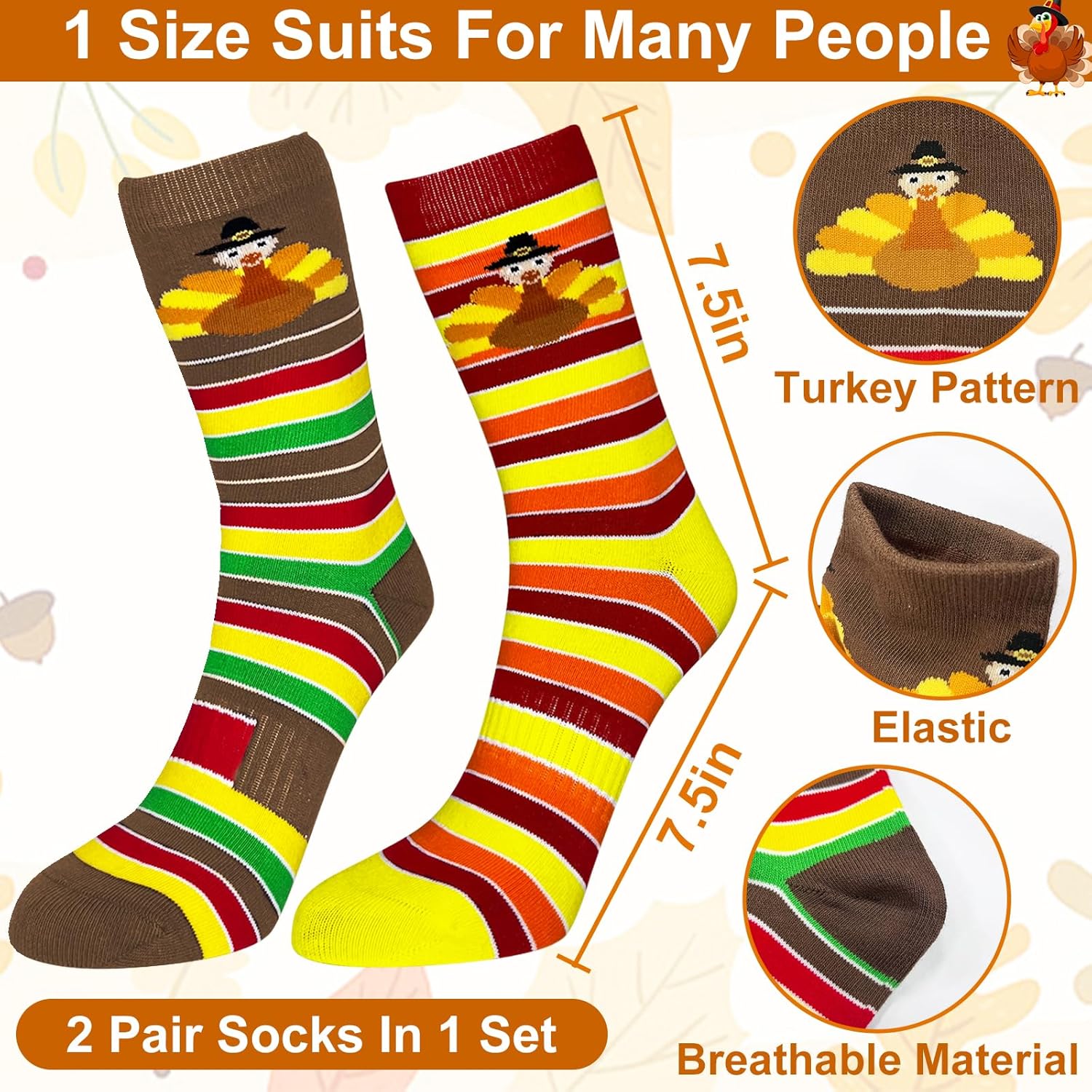 2 Pairs Thanksgiving Turkey Socks for Women Men Teens, Fall Autumn Stripes Woven Socks Bulk Fuzzy Stocking, Thanksgiving Harvest Themed Party Funny Gifts - Image 3
