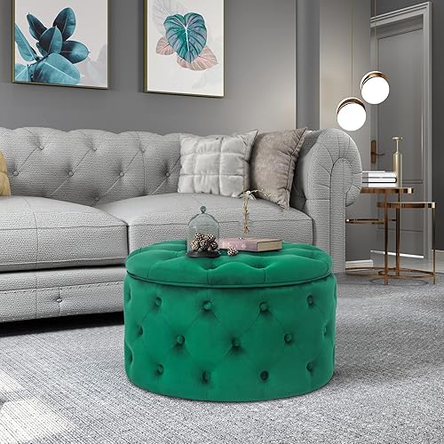 Miniatura 9 de Adeco Moderna silla otomana redonda de almacenamiento de 28 pulgadas, reposapiés otomano tapizado con botones con almacenamiento para sala de estar